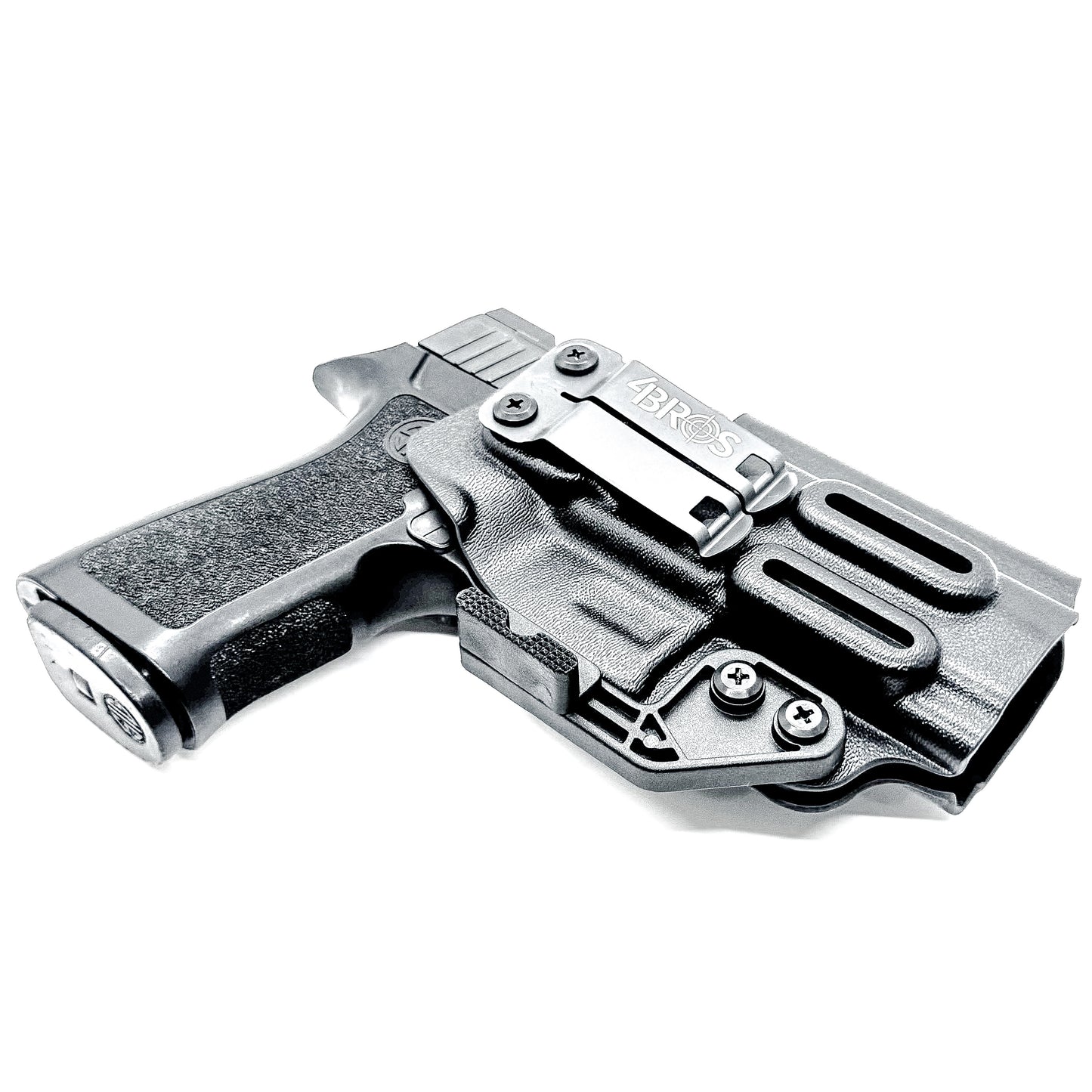 Inside Waistband IWB Holster for the P320 Carry pistols, and M18 with Align Tactical Thumb Rest Takedown Lever in black with a DCC Monoblock and a Modwing.