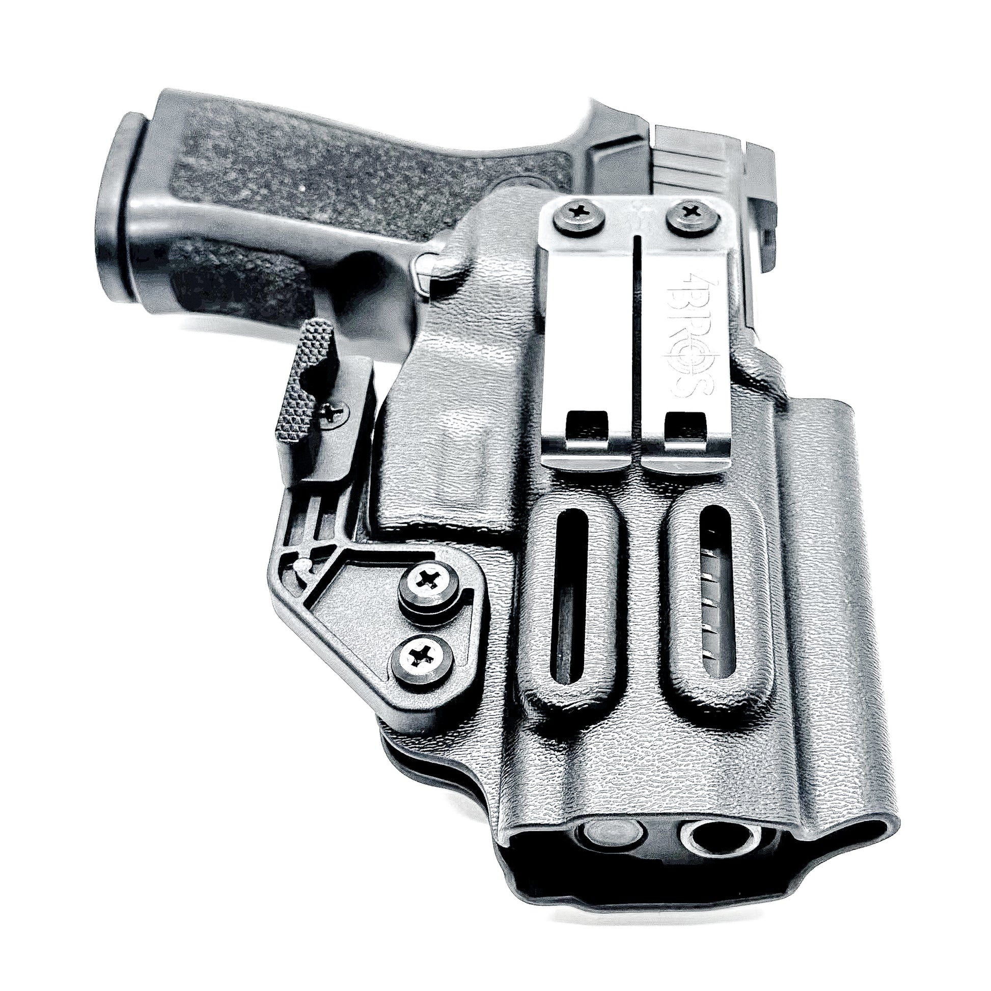 Inside Waistband IWB Holster for the P320 Carry pistols, and M18 with Align Tactical Thumb Rest Takedown Lever in black with a DCC Monoblock and a Modwing.