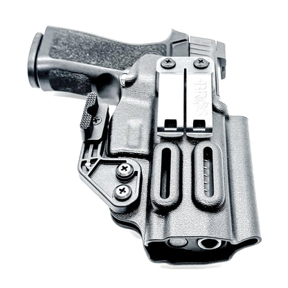 Inside Waistband IWB Holster for the P320 Carry pistols, and M18 with Align Tactical Thumb Rest Takedown Lever in black with a DCC Monoblock and a Modwing.