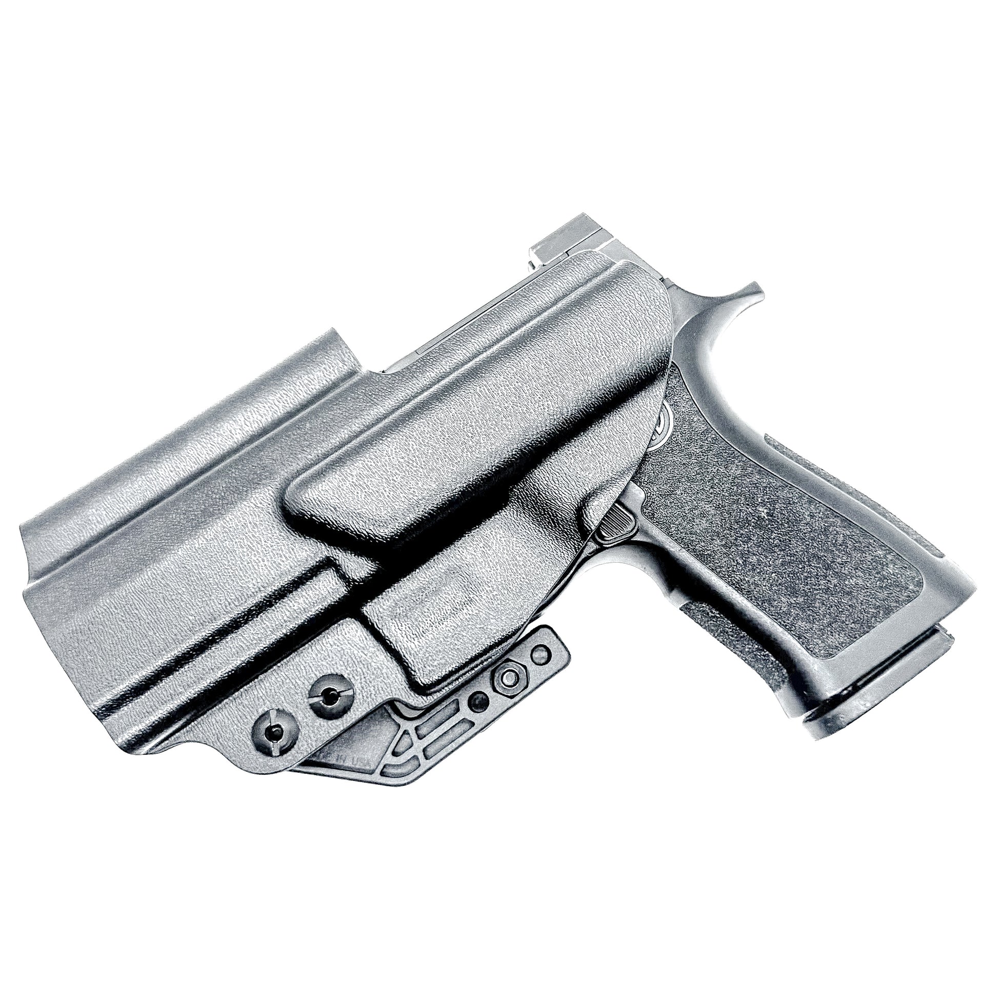Inside Waistband IWB Holster for the P320 Carry pistols, and M18 with Align Tactical Thumb Rest Takedown Lever in black with a DCC Monoblock and a Modwing.