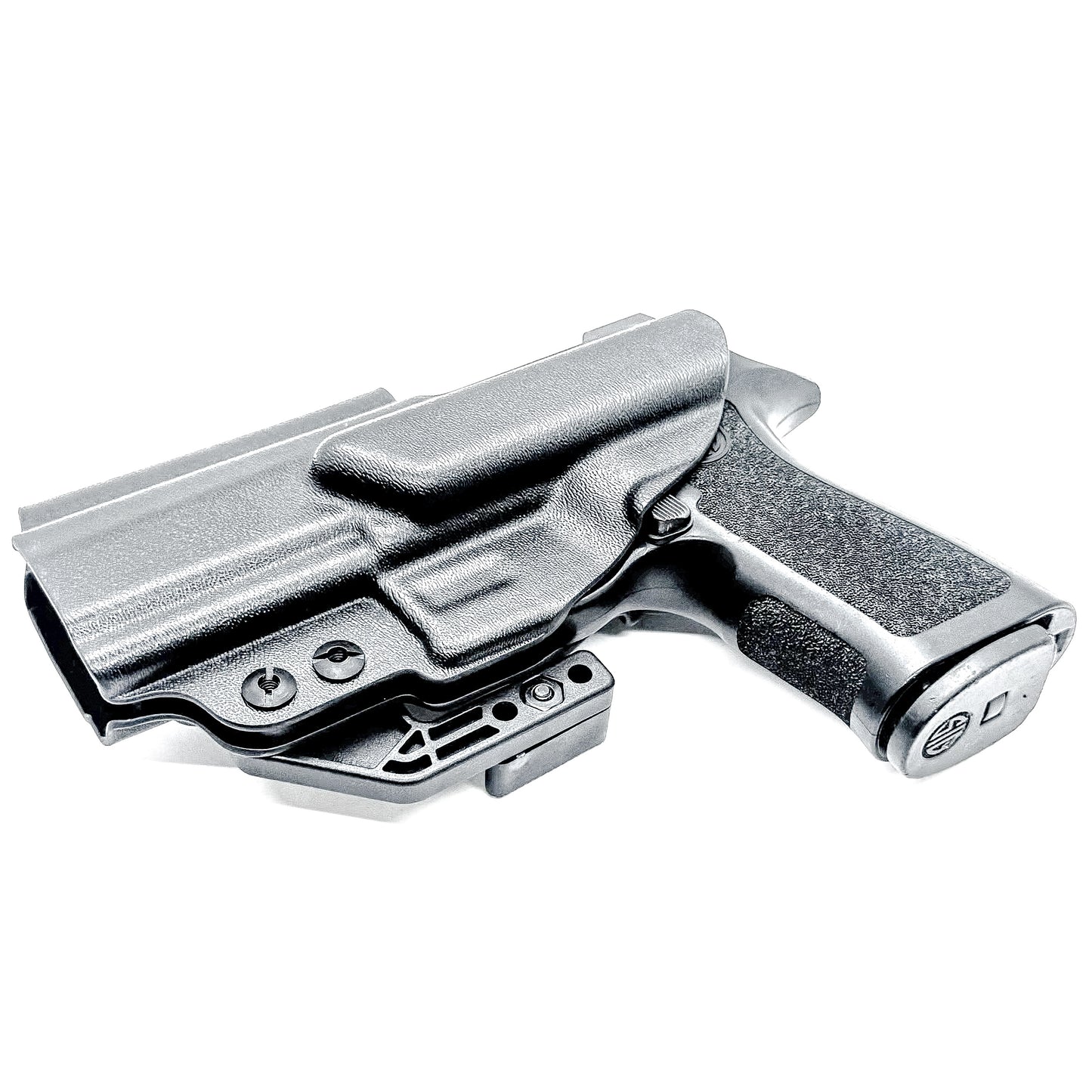 Inside Waistband IWB Holster for the P320 Carry pistols, and M18 with Align Tactical Thumb Rest Takedown Lever in black with a DCC Monoblock and a Modwing.