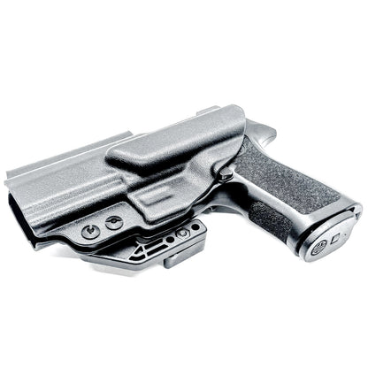 Inside Waistband IWB Holster for the P320 Carry pistols, and M18 with Align Tactical Thumb Rest Takedown Lever in black with a DCC Monoblock and a Modwing.