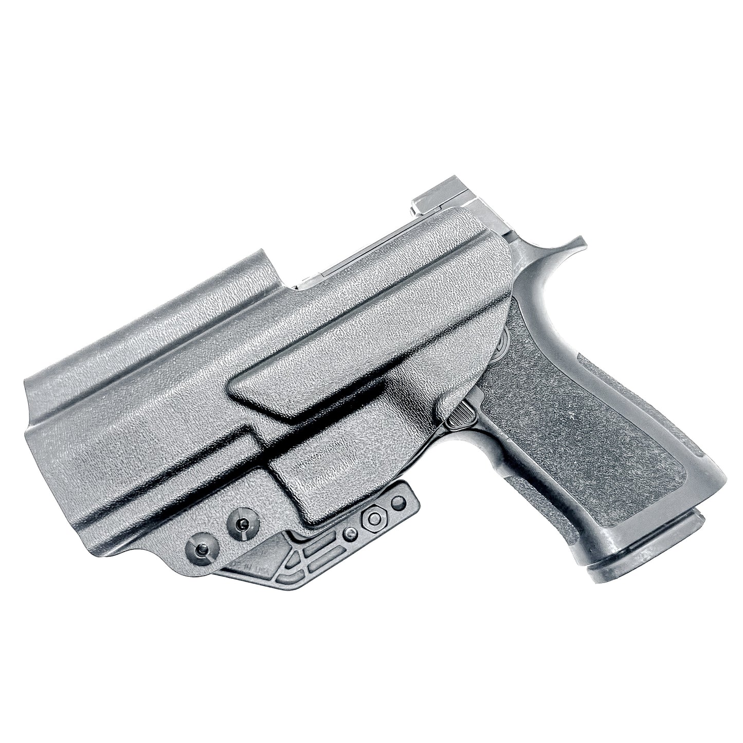 Black IWB AIWB Inside Waistband  Holster for the P320 Compact, Carry, M18 & P320 Wilson Combat Carry grip module pistols with a DCC Monoblock and a Modwing.