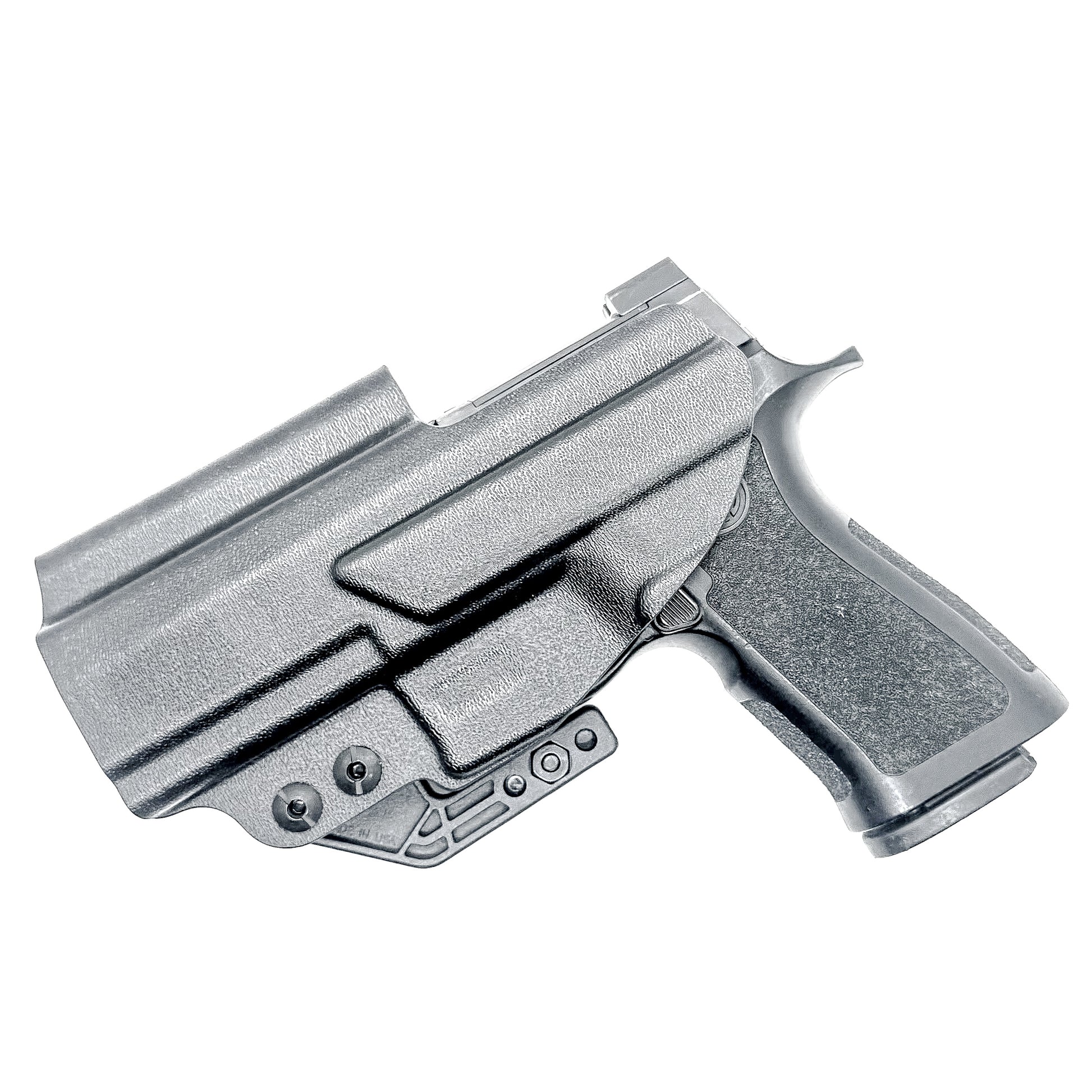 Black IWB AIWB Inside Waistband  Holster for the P320 Compact, Carry, M18 & P320 Wilson Combat Carry grip module pistols with a DCC Monoblock and a Modwing.