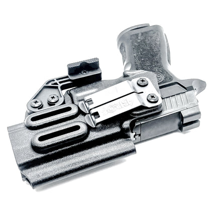 Black IWB AIWB Inside Waistband  Holster for the P320 Compact, Carry, M18 & P320 Wilson Combat Carry grip module pistols with a DCC Monoblock and a Modwing.