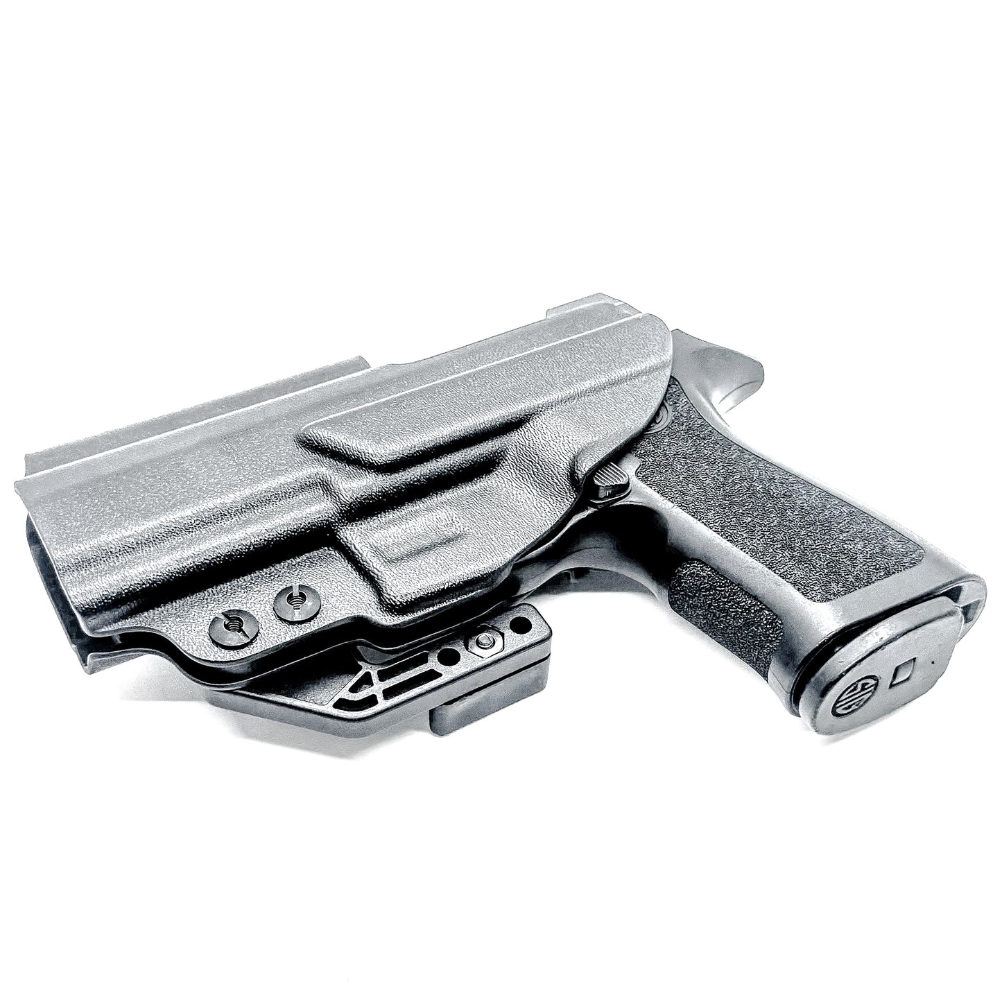 Black IWB AIWB Inside Waistband  Holster for the P320 Compact, Carry, M18 & P320 Wilson Combat Carry grip module pistols with a DCC Monoblock and a Modwing.