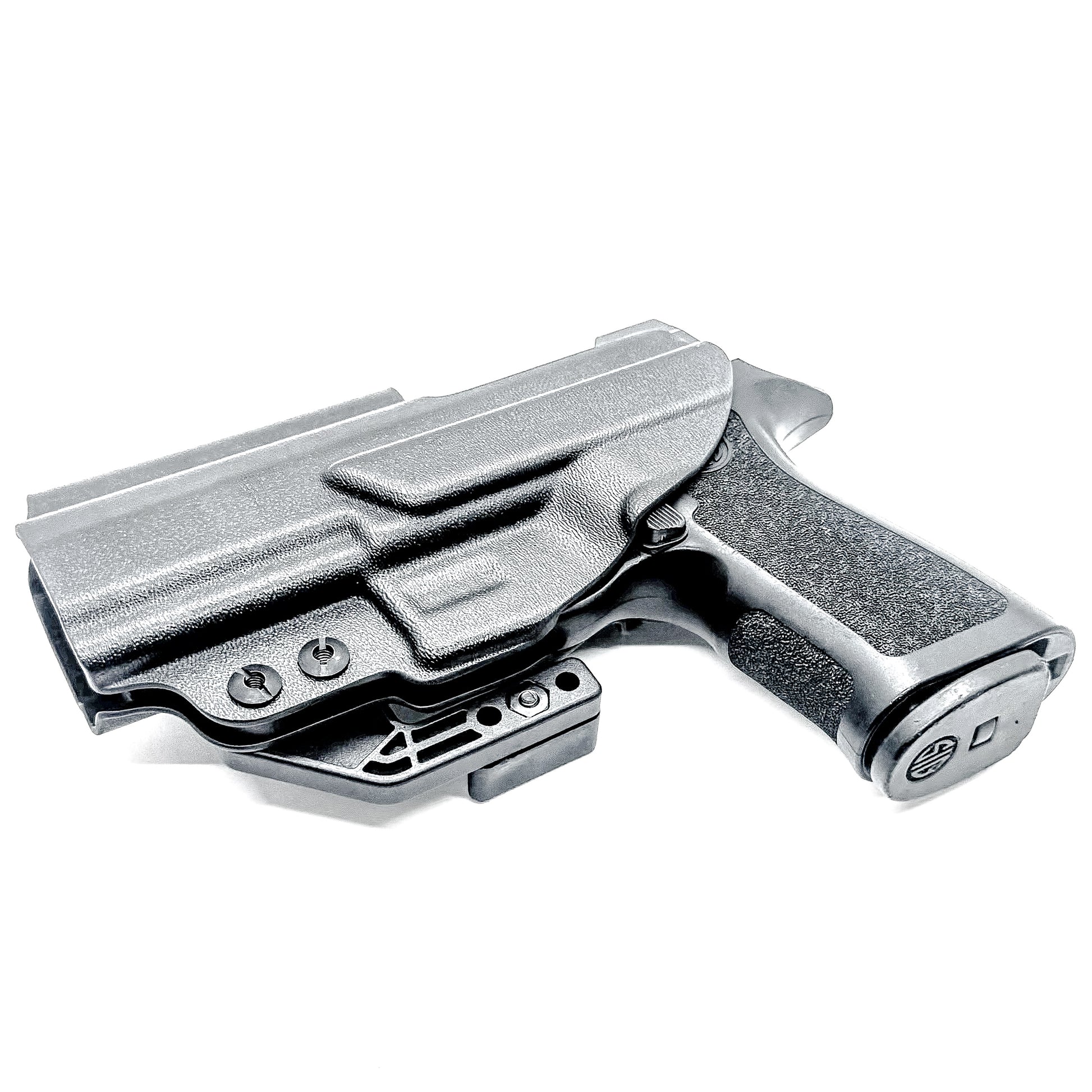 Black IWB AIWB Inside Waistband  Holster for the P320 Compact, Carry, M18 & P320 Wilson Combat Carry grip module pistols with a DCC Monoblock and a Modwing.
