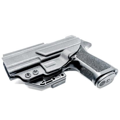 Black IWB AIWB Inside Waistband  Holster for the P320 Compact, Carry, M18 & P320 Wilson Combat Carry grip module pistols with a DCC Monoblock and a Modwing.