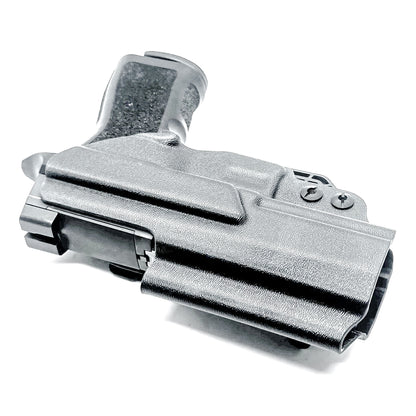 Black IWB AIWB Inside Waistband  Holster for the P320 Compact, Carry, M18 & P320 Wilson Combat Carry grip module pistols with a DCC Monoblock and a Modwing.