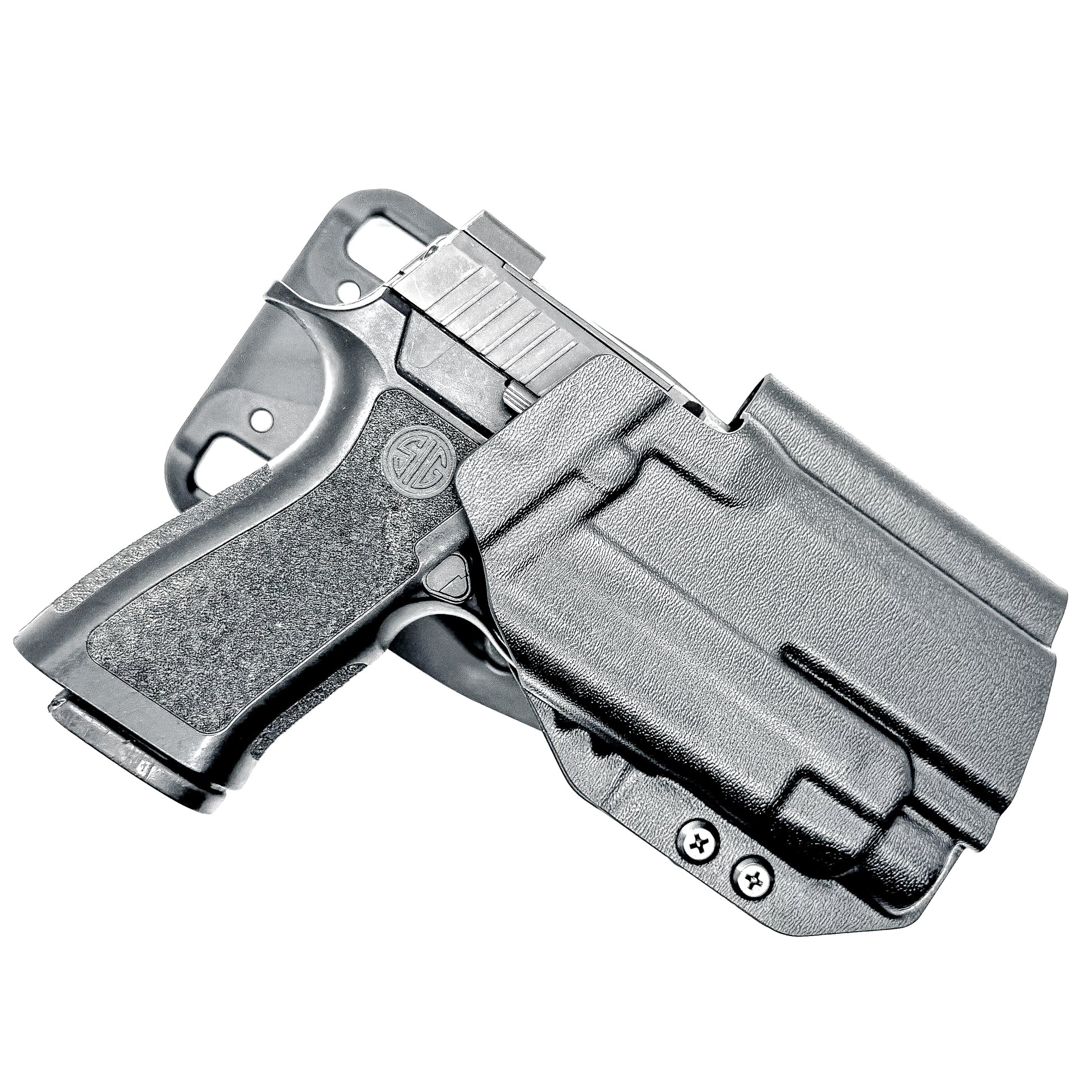 Outside Waistband OWB Duty & Competition Holster for the P320 Compact/Carry pistol with a TLR-7 HL-X  light in black with a duty Drop Attachment.