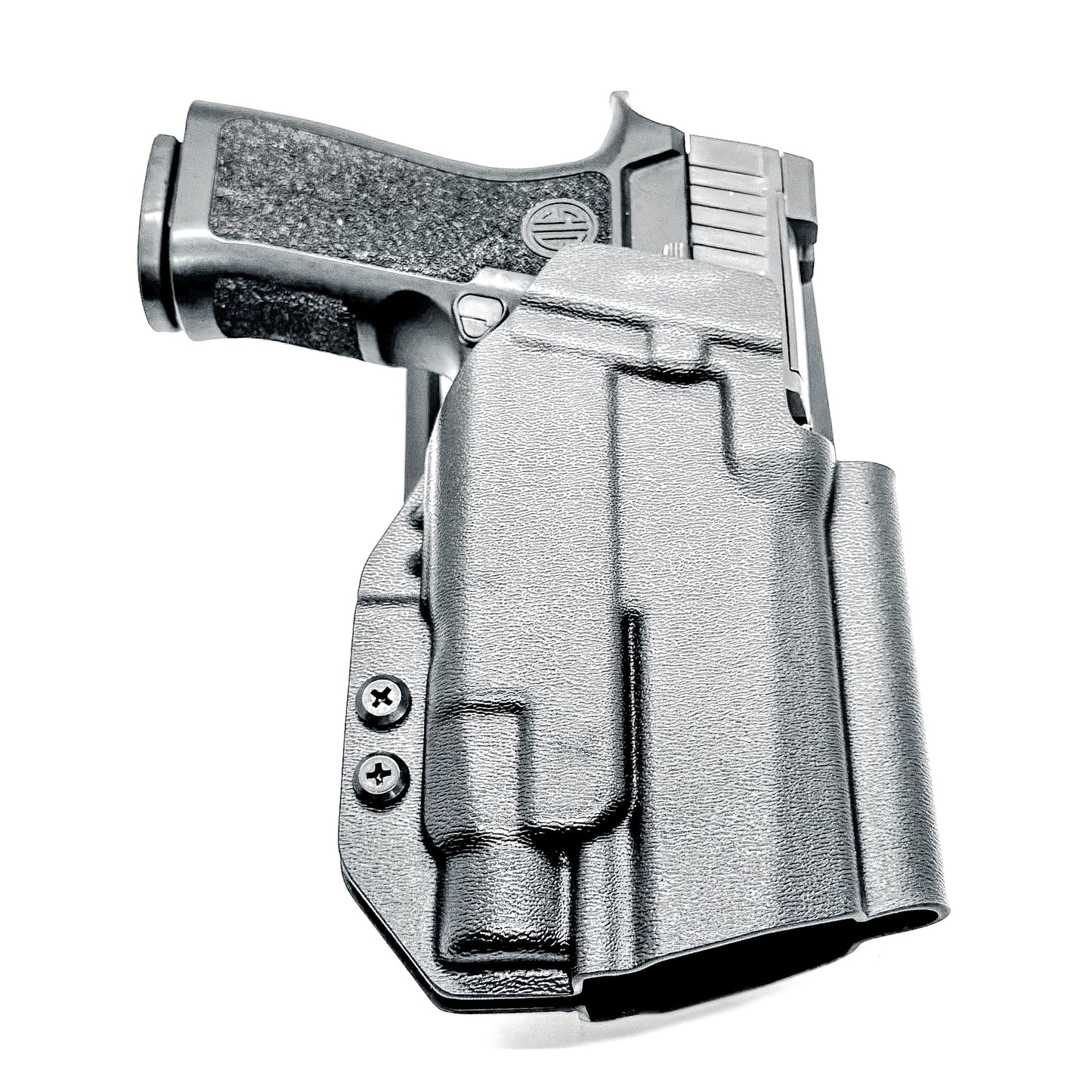 Outside Waistband OWB Duty & Competition Holster for the P320 Compact/Carry pistol with a TLR-7 HL-X  light in black with a duty Drop Attachment.