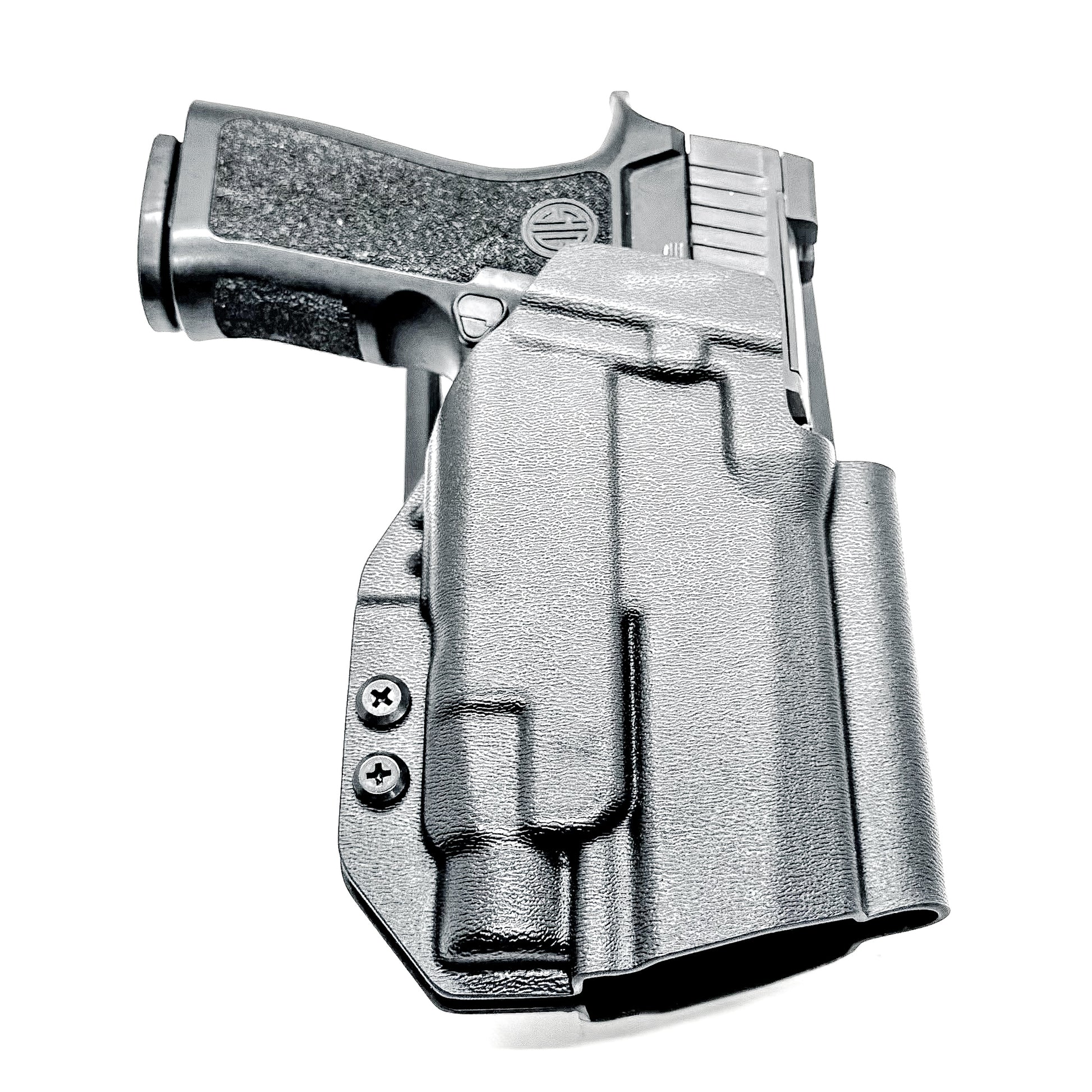 Outside Waistband OWB Duty & Competition Holster for the P320 Compact/Carry pistol with a TLR-7 HL-X  light in black with a duty Drop Attachment.