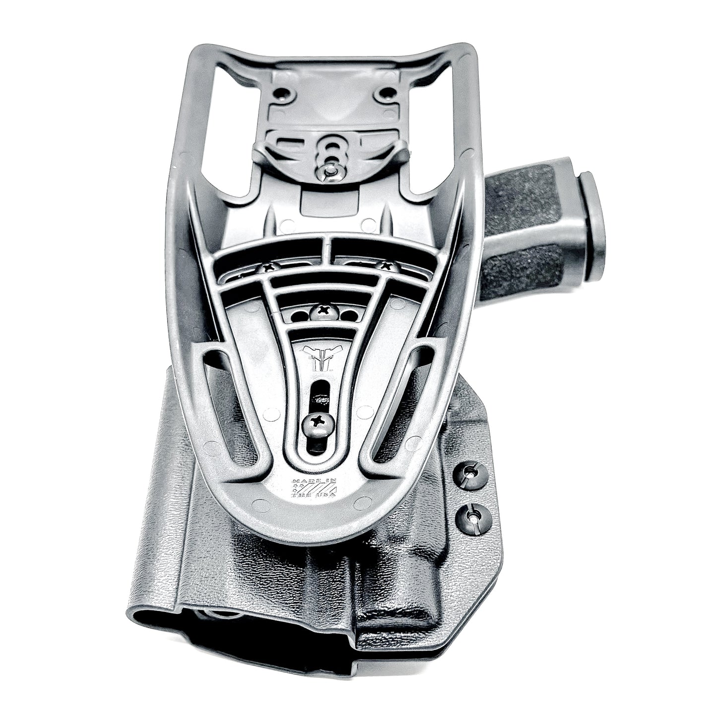 Outside Waistband OWB Duty & Competition Holster for the P320 Compact/Carry pistol with a TLR-7 HL-X  light in black with a duty Drop Attachment.