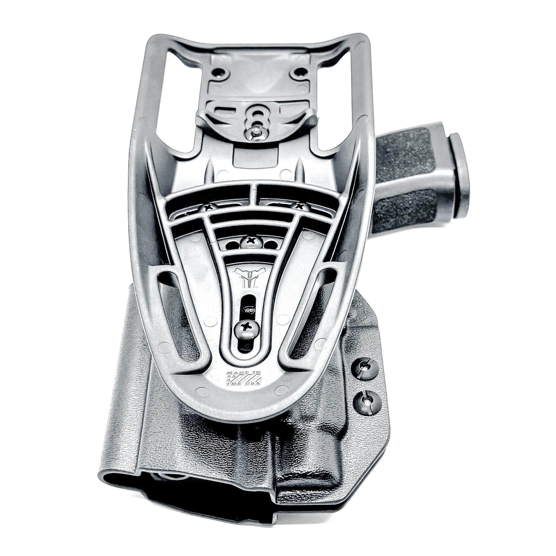 Outside Waistband OWB Duty & Competition Holster for the P320 Compact/Carry pistol with a TLR-7 HL-X  light in black with a duty Drop Attachment.