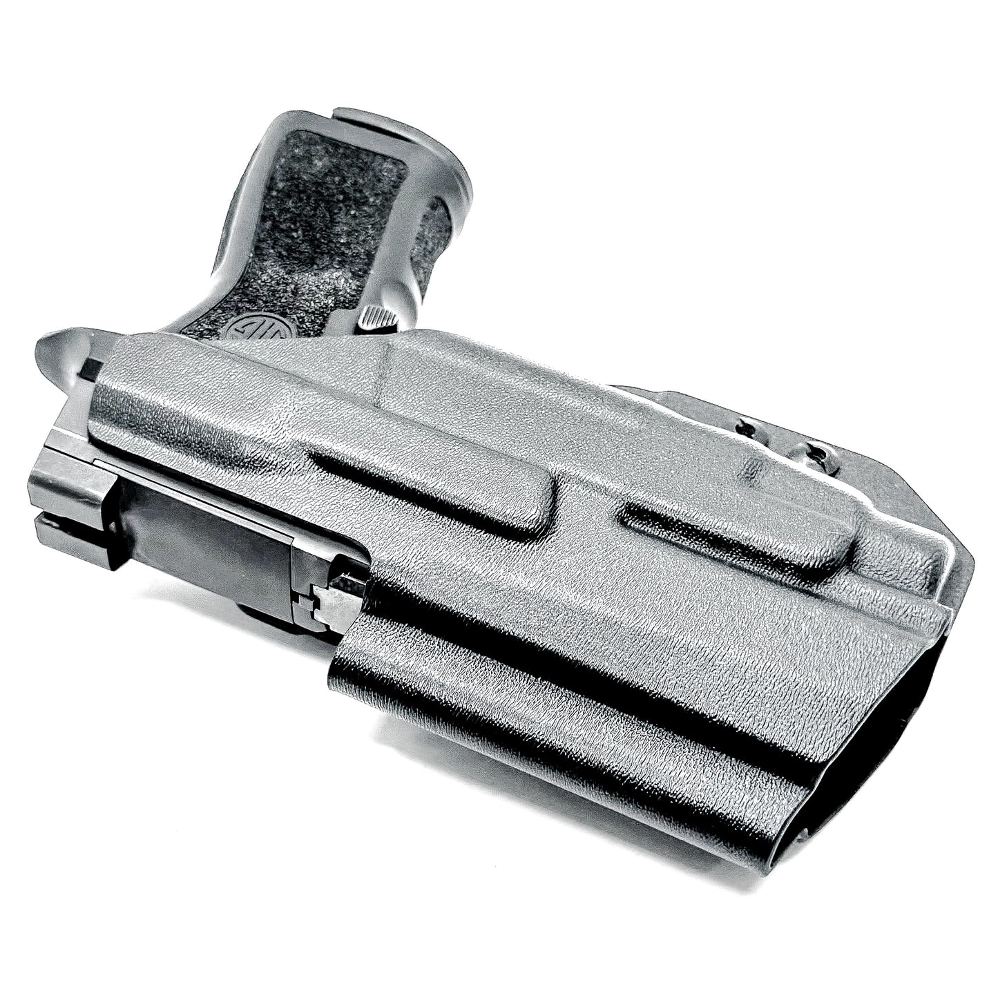 Inside Waistband IWB AIWB holster for the Sig Sauer P320 Compact/Carry pistol & Streamlight TLR-7 HL-X .  Shown in black with the DCC Monoblock and a Modwing.