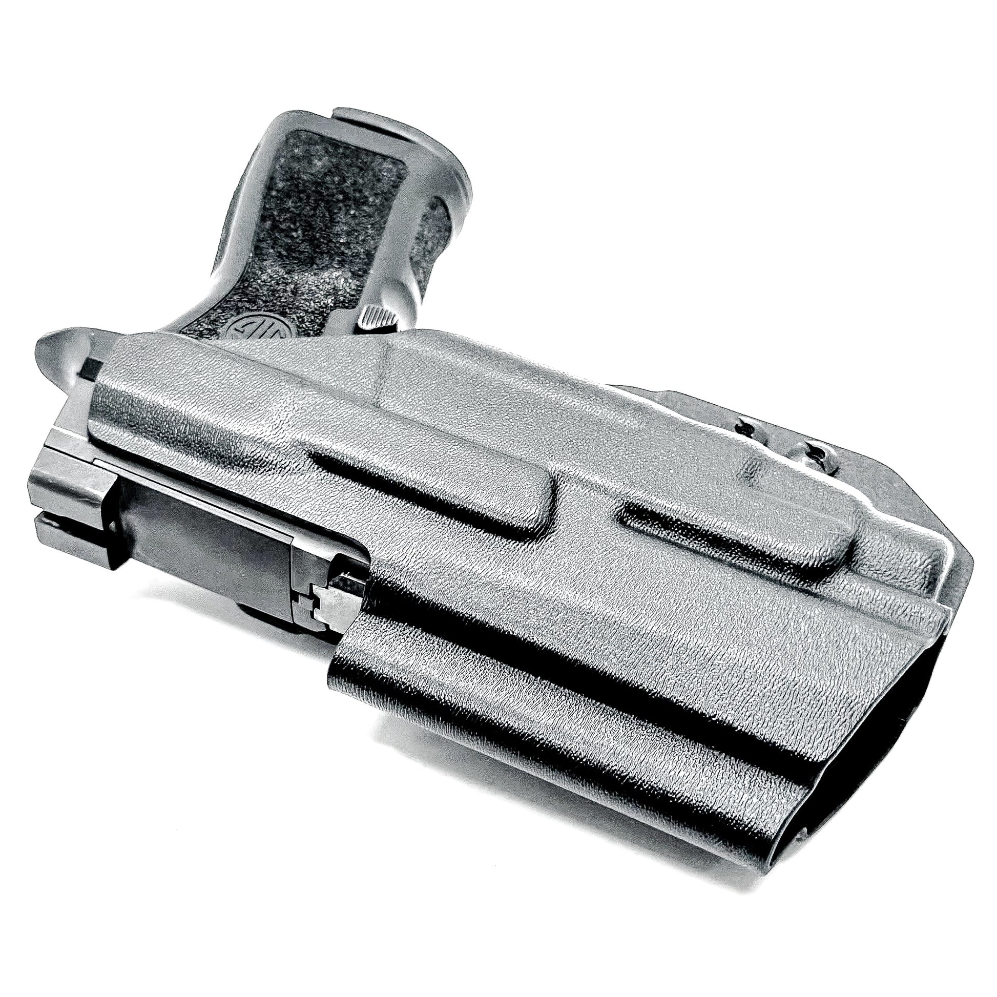 Inside Waistband IWB AIWB holster for the Sig Sauer P320 Compact/Carry pistol & Streamlight TLR-7 HL-X .  Shown in black with the DCC Monoblock and a Modwing.
