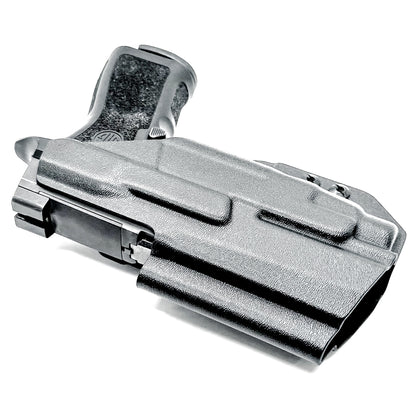 Inside Waistband IWB AIWB holster for the Sig Sauer P320 Compact/Carry pistol & Streamlight TLR-7 HL-X .  Shown in black with the DCC Monoblock and a Modwing.