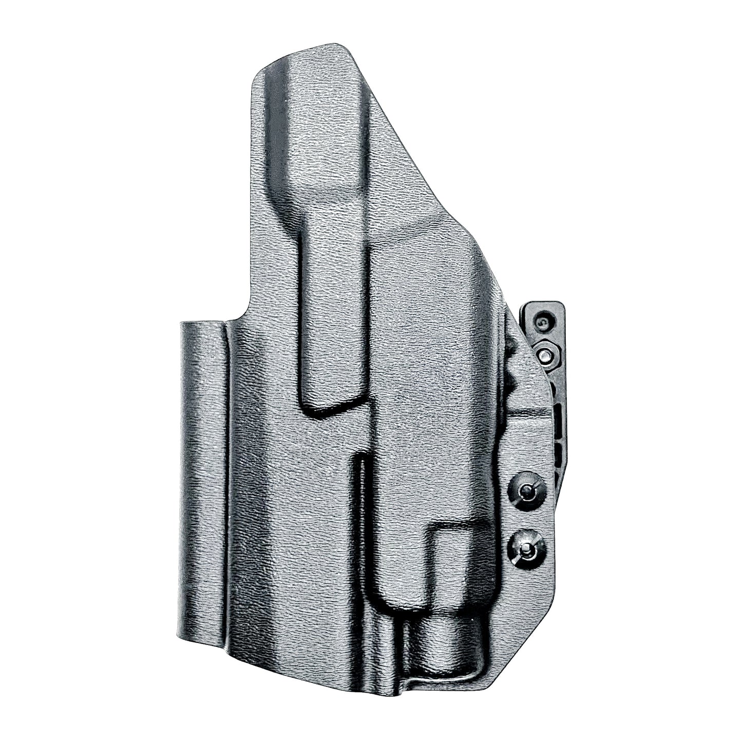 Inside Waistband IWB AIWB holster for the Sig Sauer P320 Compact/Carry pistol & Streamlight TLR-7 HL-X .  Shown in black with the DCC Monoblock and a Modwing.