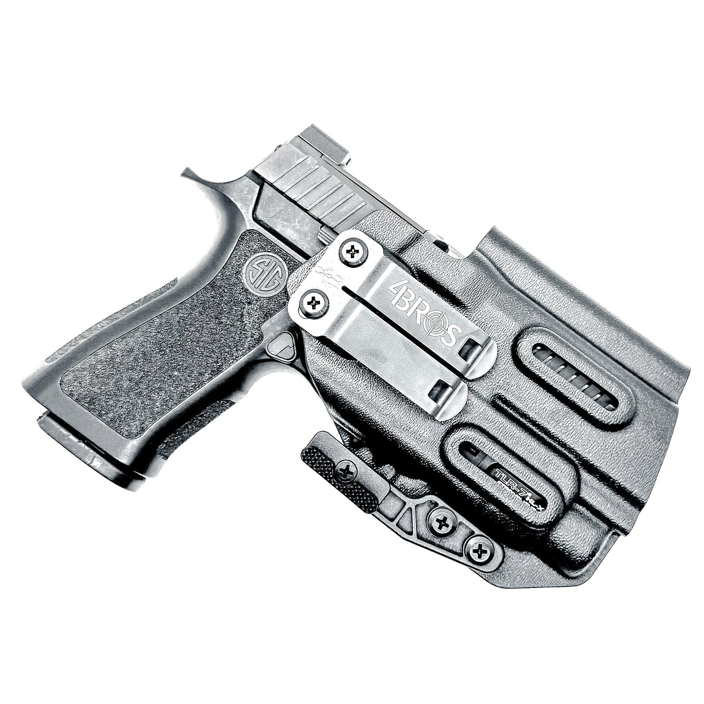 Inside Waistband IWB AIWB holster for the Sig Sauer P320 Compact/Carry pistol & Streamlight TLR-7 HL-X .  Shown in black with the DCC Monoblock and a Modwing.