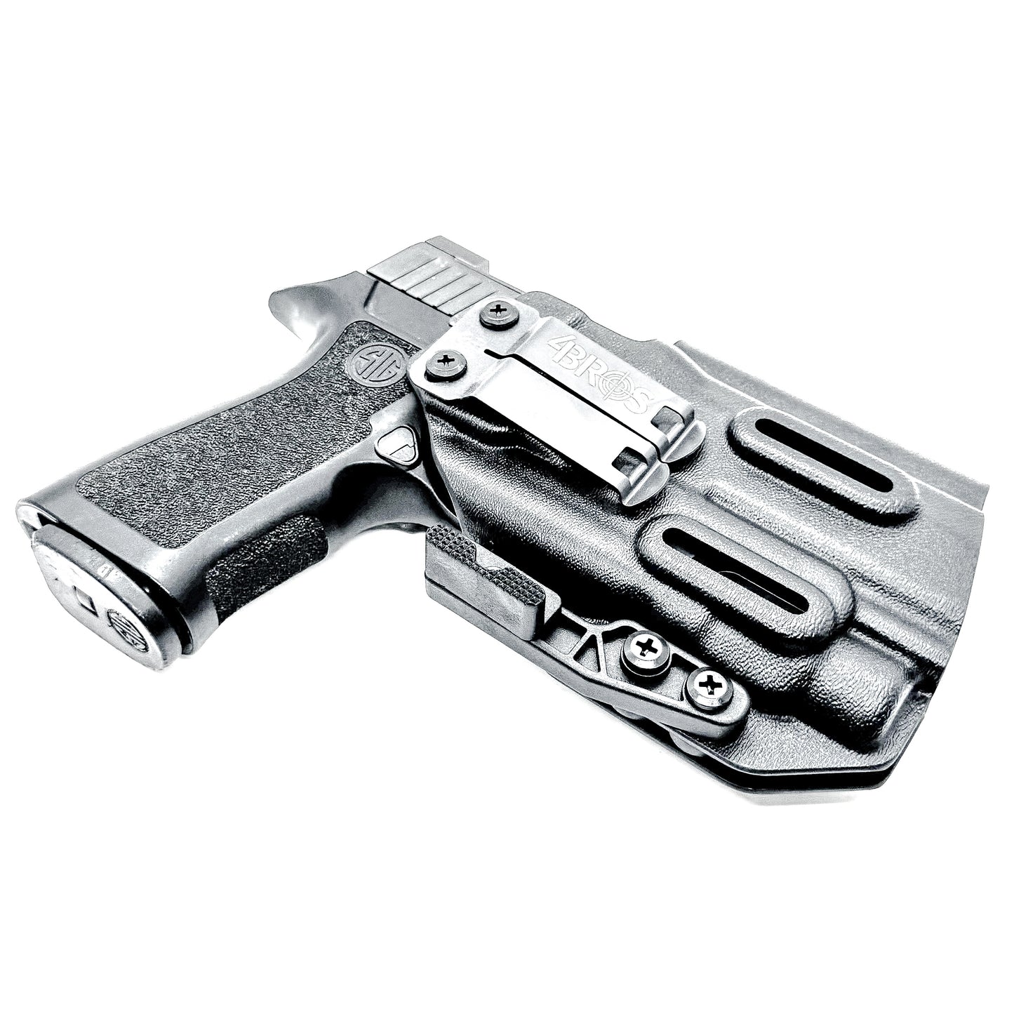 Inside Waistband IWB AIWB holster for the Sig Sauer P320 Compact/Carry pistol & Streamlight TLR-7 HL-X .  Shown in black with the DCC Monoblock and a Modwing.