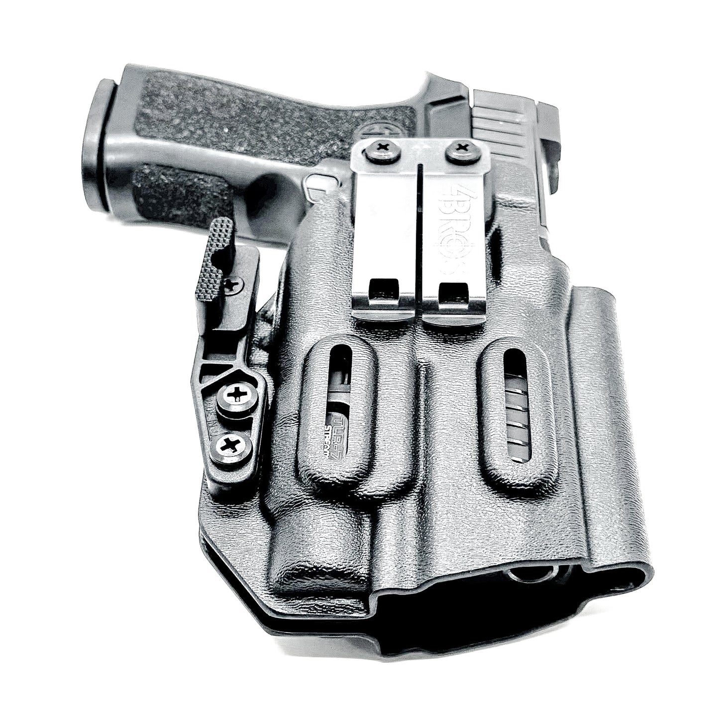 Inside Waistband IWB AIWB holster for the Sig Sauer P320 Compact/Carry pistol & Streamlight TLR-7 HL-X .  Shown in black with the DCC Monoblock and a Modwing.