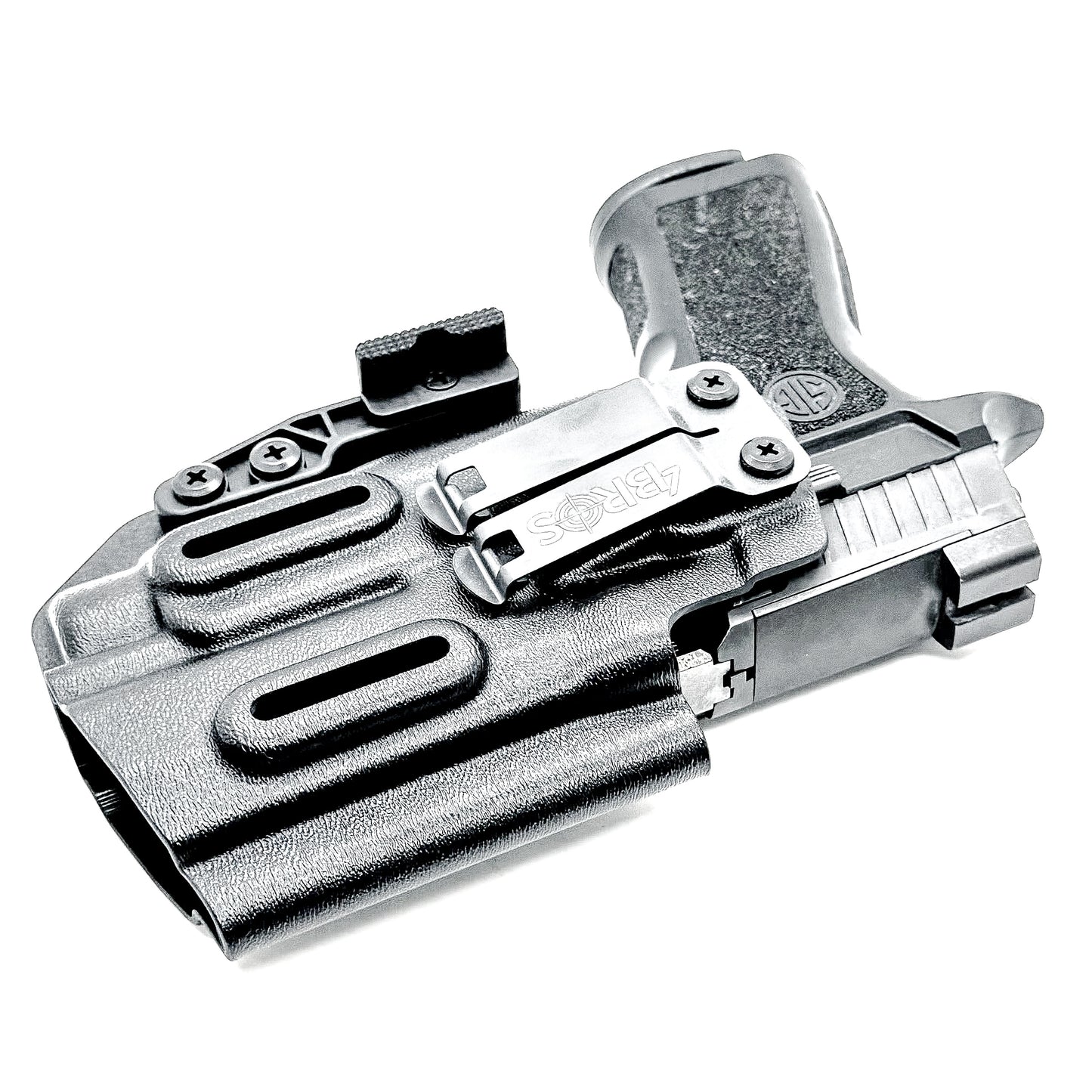 Inside Waistband IWB AIWB holster for the Sig Sauer P320 Compact/Carry pistol & Streamlight TLR-7 HL-X .  Shown in black with the DCC Monoblock and a Modwing.