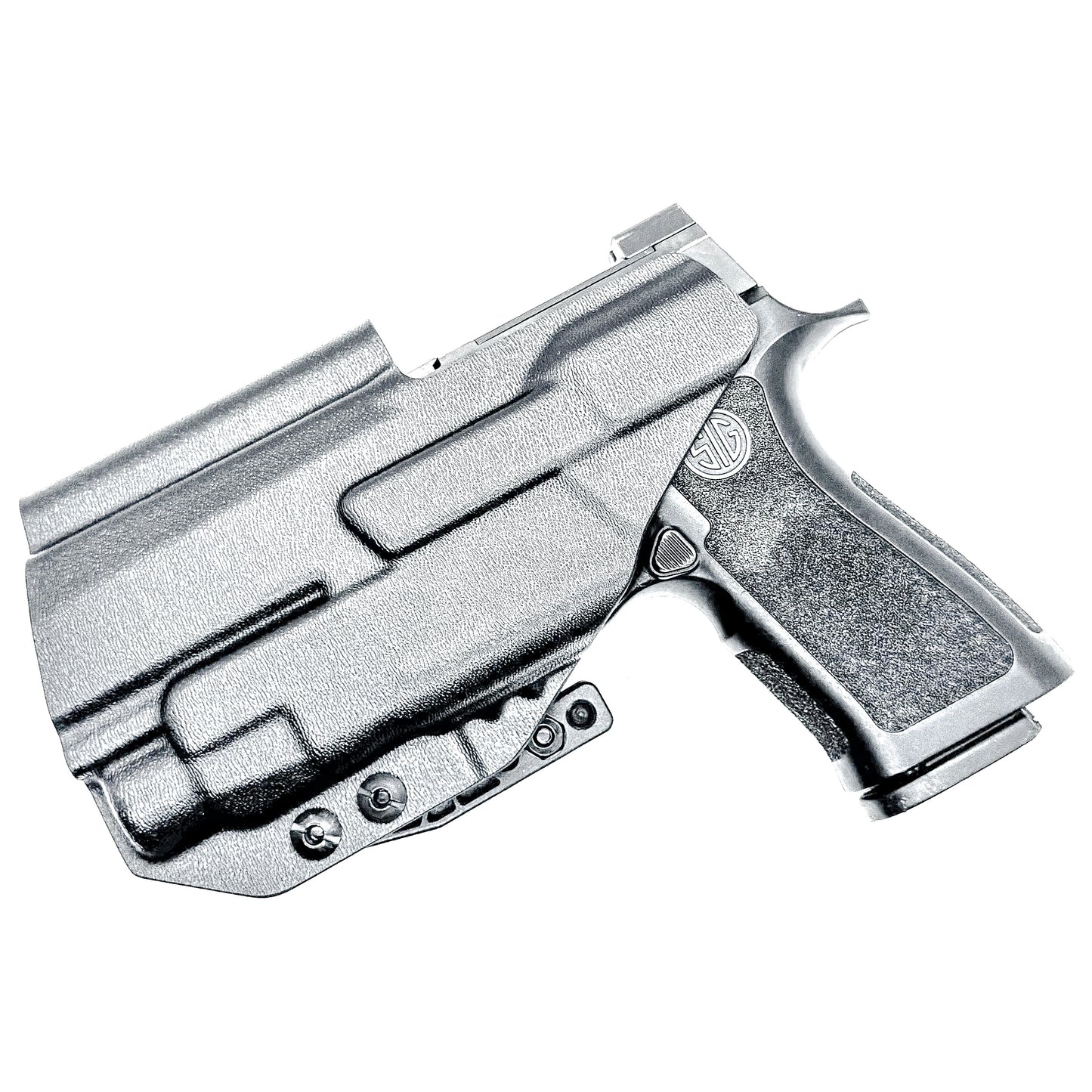Inside Waistband IWB AIWB holster for the Sig Sauer P320 Compact/Carry pistol & Streamlight TLR-7 HL-X .  Shown in black with the DCC Monoblock and a Modwing.