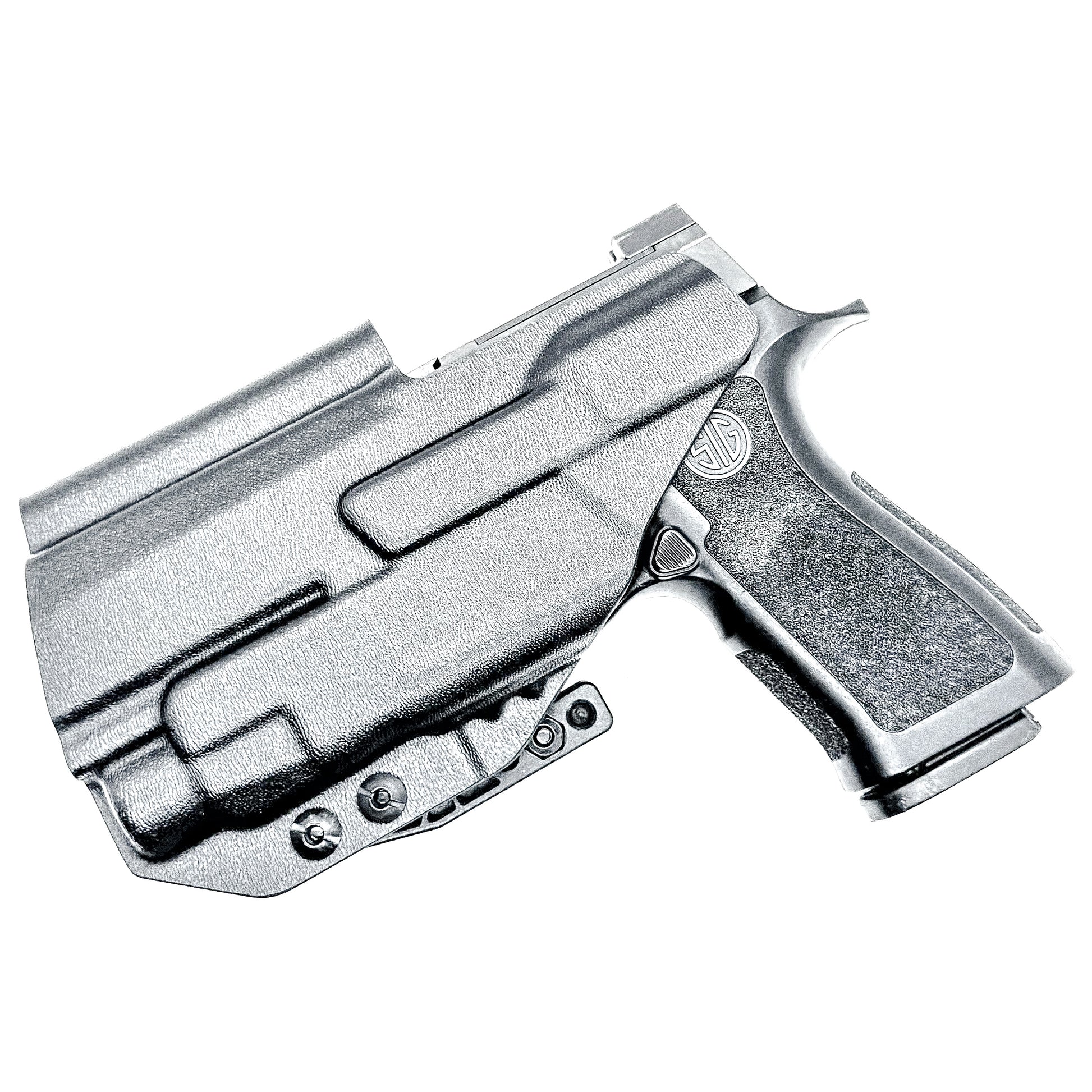 Inside Waistband IWB AIWB holster for the Sig Sauer P320 Compact/Carry pistol & Streamlight TLR-7 HL-X .  Shown in black with the DCC Monoblock and a Modwing.