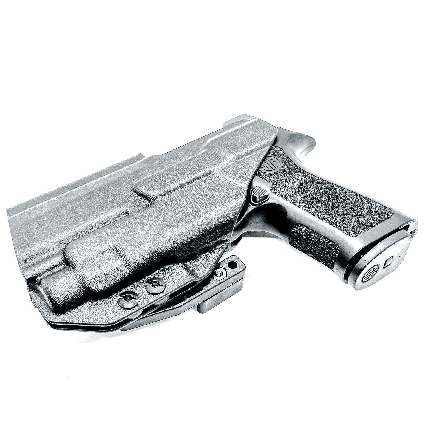 Inside Waistband IWB AIWB holster for the Sig Sauer P320 Compact/Carry pistol & Streamlight TLR-7 HL-X .  Shown in black with the DCC Monoblock and a Modwing.