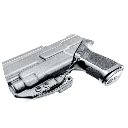 Inside Waistband IWB AIWB holster for the Sig Sauer P320 Compact/Carry pistol & Streamlight TLR-7 HL-X .  Shown in black with the DCC Monoblock and a Modwing.