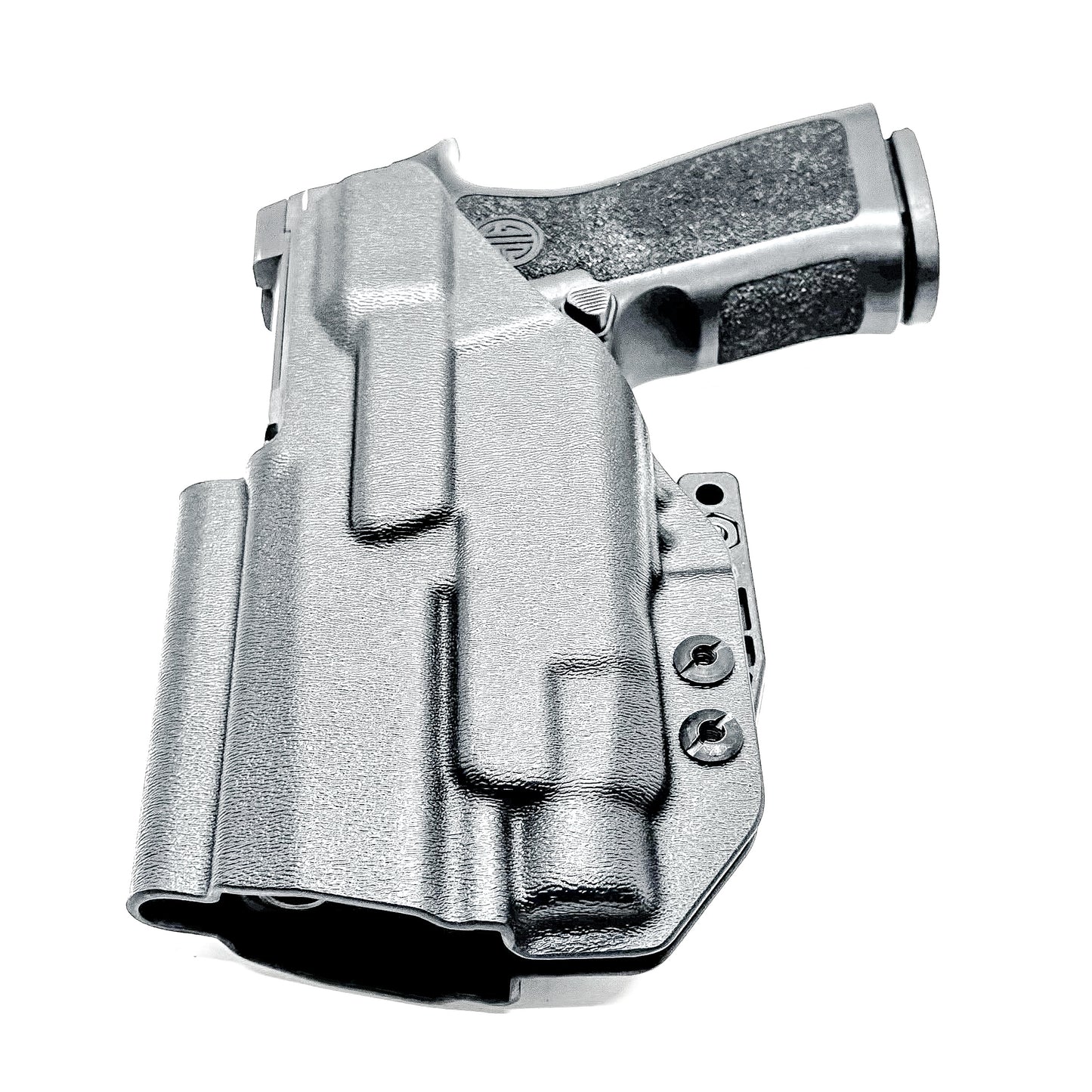 Inside Waistband IWB AIWB holster for the Sig Sauer P320 Compact/Carry pistol & Streamlight TLR-7 HL-X .  Shown in black with the DCC Monoblock and a Modwing.