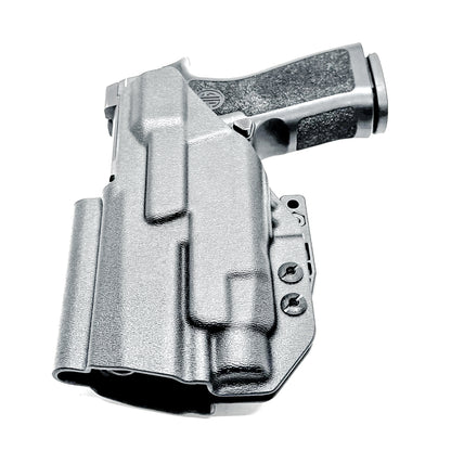 Inside Waistband IWB AIWB holster for the Sig Sauer P320 Compact/Carry pistol & Streamlight TLR-7 HL-X .  Shown in black with the DCC Monoblock and a Modwing.
