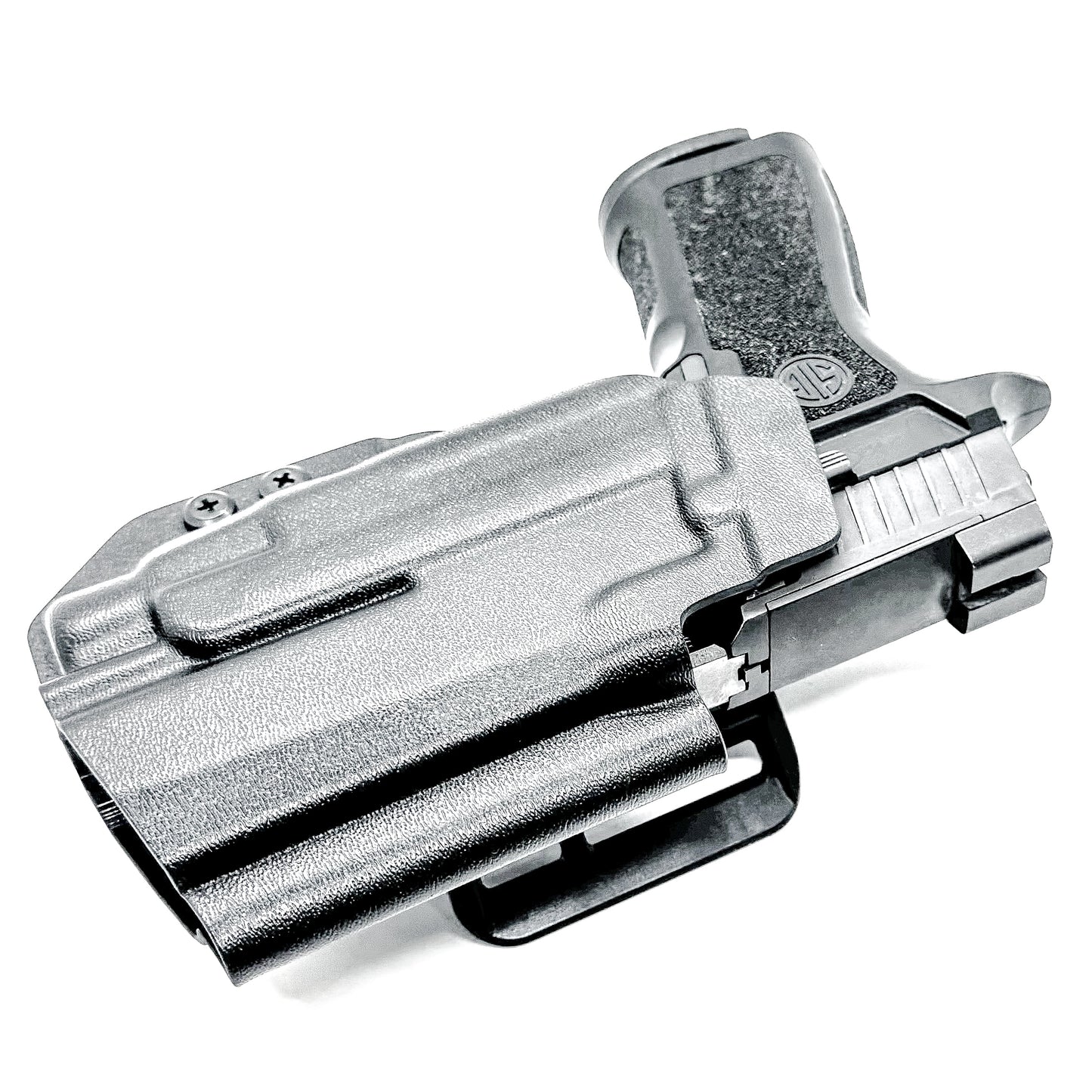Black Outside Waistband OWB Holster for the Sig Sauer P320 Compact or Carry pistol and a Streamlight TLR-7 HL-X shown with the 4BROS 1.5" Belt Slide.