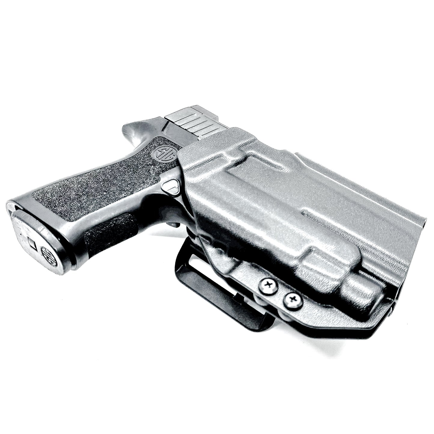 Black Outside Waistband OWB Holster for the Sig Sauer P320 Compact or Carry pistol and a Streamlight TLR-7 HL-X shown with the 4BROS 1.5" Belt Slide.
