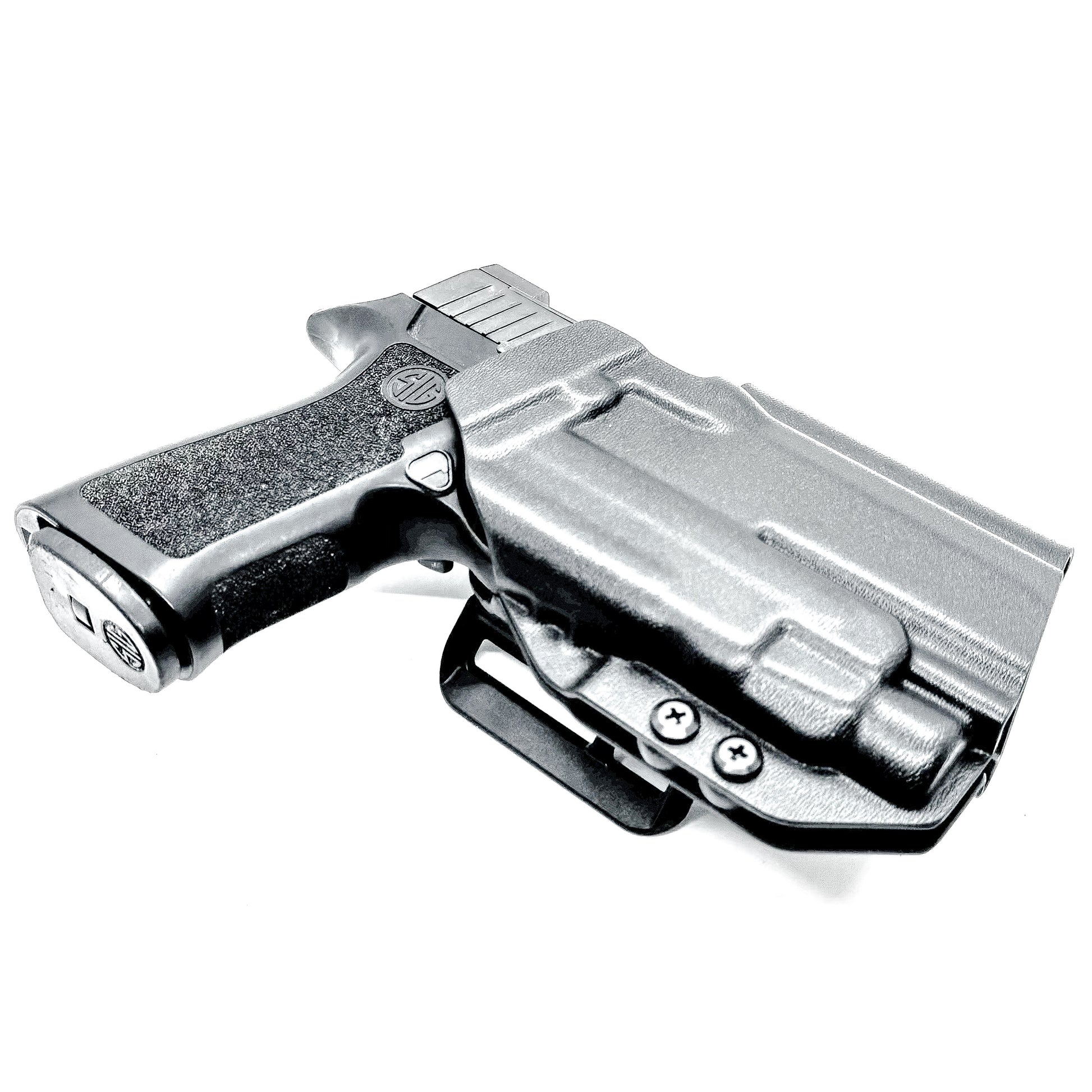 Black Outside Waistband OWB Holster for the Sig Sauer P320 Compact or Carry pistol and a Streamlight TLR-7 HL-X shown with the 4BROS 1.5" Belt Slide.