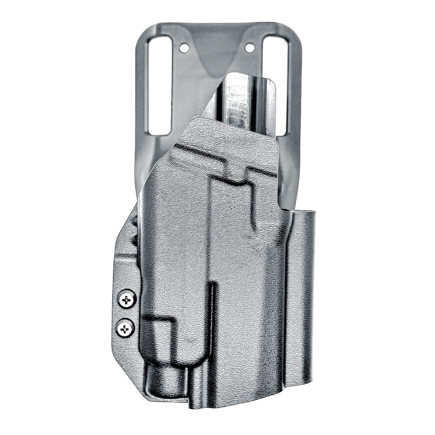 OWB Sig Sauer Compact, Carry & M18 P320 & Streamlight TLR-7 X & HL-X and Align Tactical Thumb Rest Competition Holster in black with a duty drop attachment.