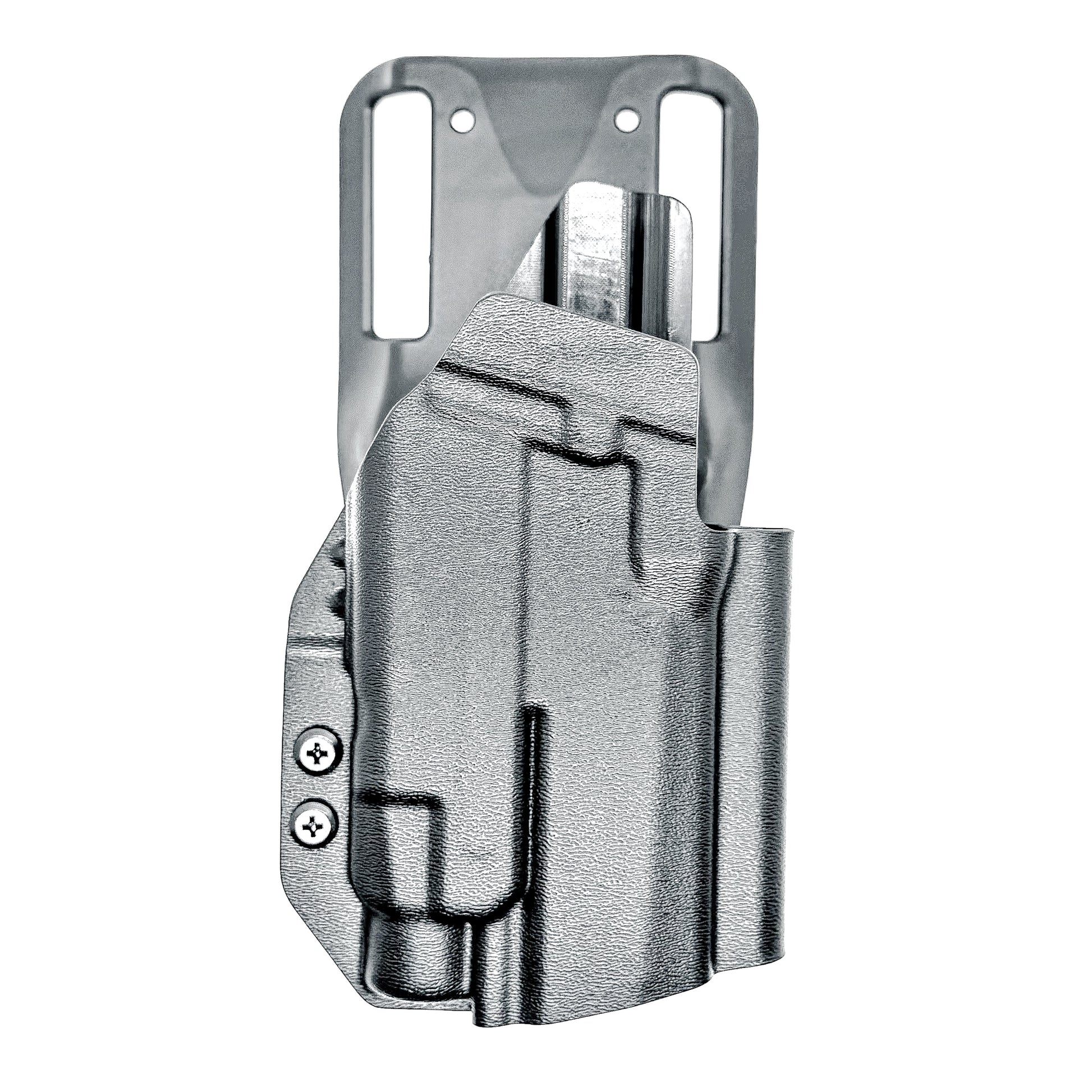 OWB Sig Sauer Compact, Carry & M18 P320 & Streamlight TLR-7 X & HL-X and Align Tactical Thumb Rest Competition Holster in black with a duty drop attachment.