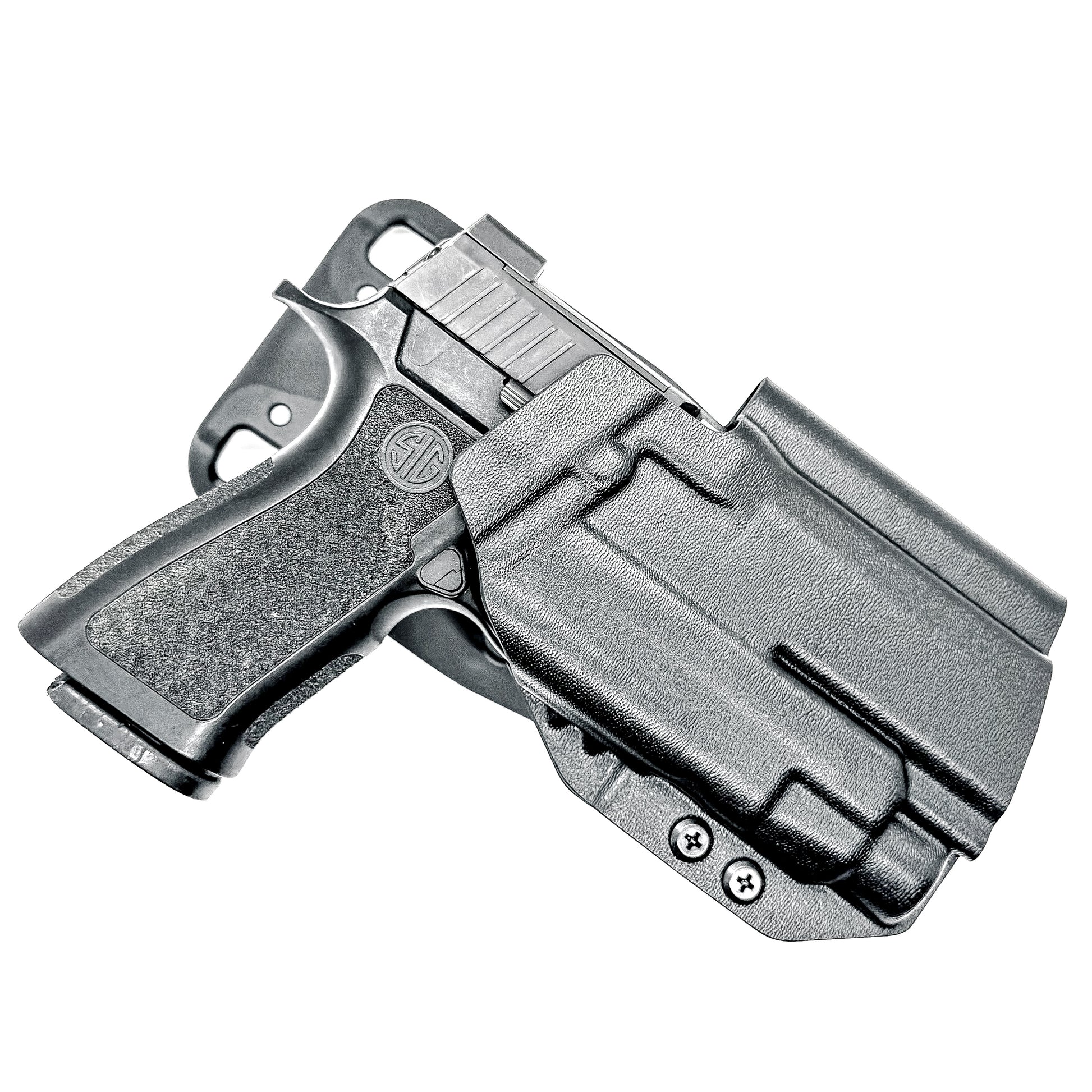 OWB Sig Sauer Compact, Carry & M18 P320 & Streamlight TLR-7 X & HL-X and Align Tactical Thumb Rest Competition Holster in black with a duty drop attachment.