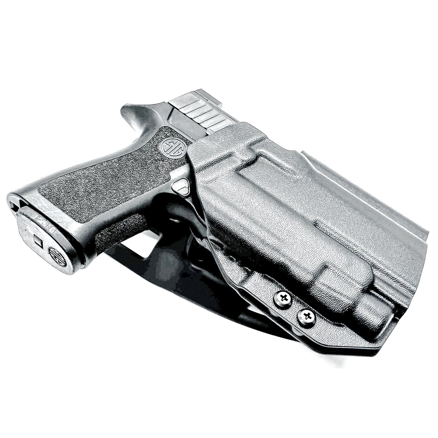 OWB Sig Sauer Compact, Carry & M18 P320 & Streamlight TLR-7 X & HL-X and Align Tactical Thumb Rest Competition Holster in black with a duty drop attachment.