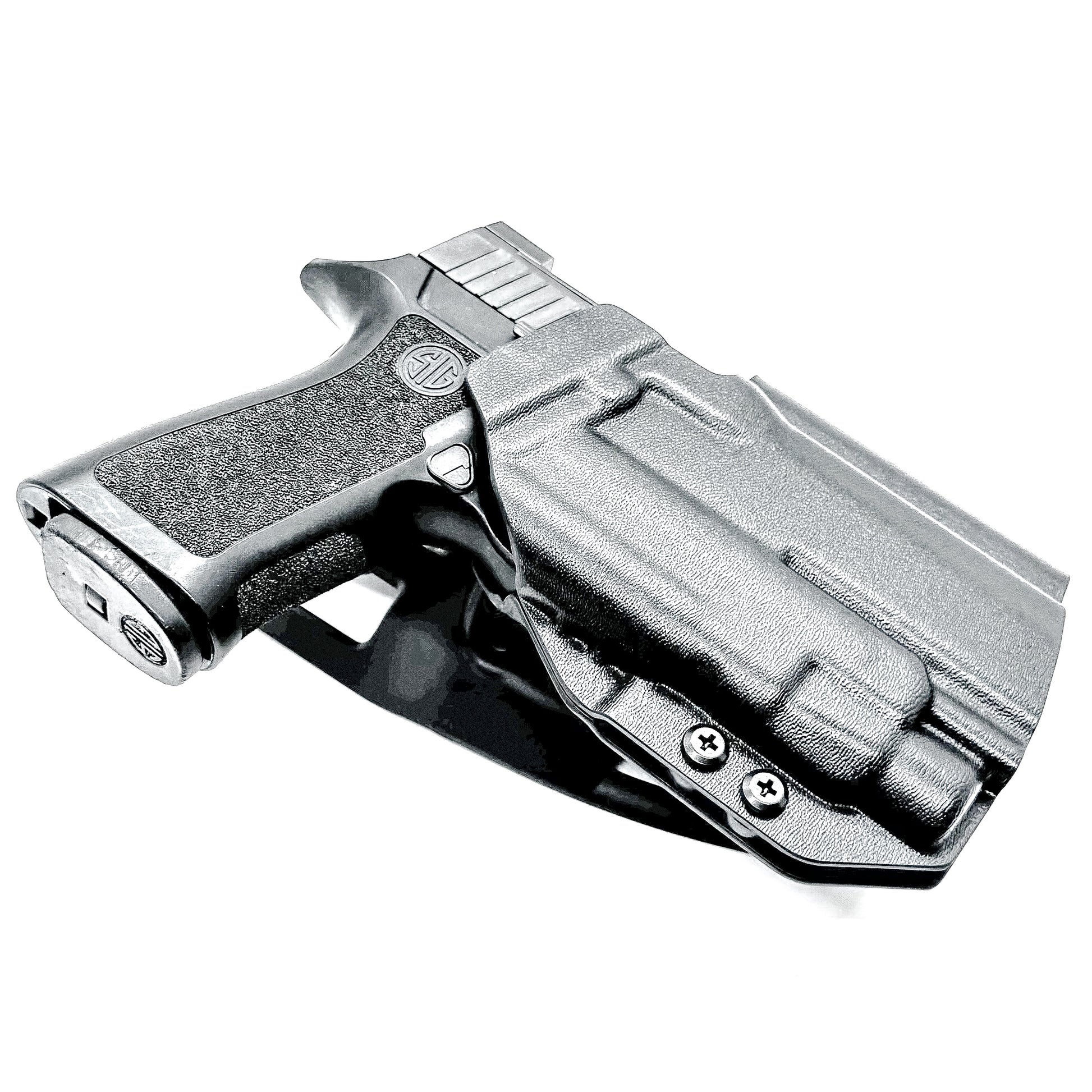 OWB Sig Sauer Compact, Carry & M18 P320 & Streamlight TLR-7 X & HL-X and Align Tactical Thumb Rest Competition Holster in black with a duty drop attachment.