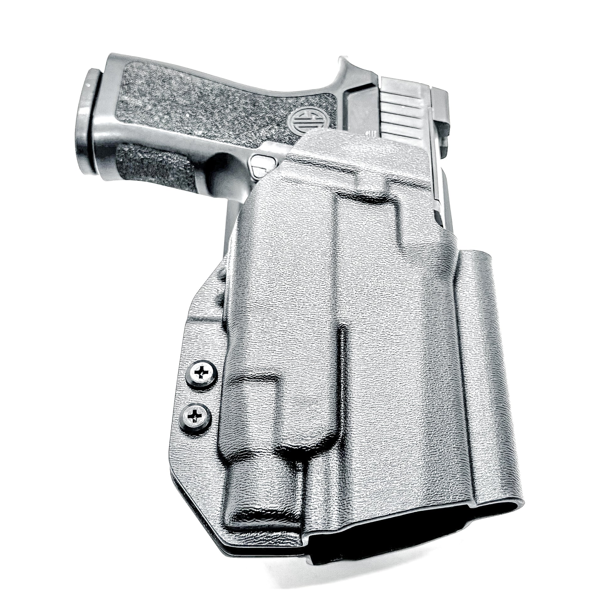 OWB Sig Sauer Compact, Carry & M18 P320 & Streamlight TLR-7 X & HL-X and Align Tactical Thumb Rest Competition Holster in black with a duty drop attachment.