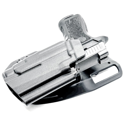 OWB Sig Sauer Compact, Carry & M18 P320 & Streamlight TLR-7 X & HL-X and Align Tactical Thumb Rest Competition Holster in black with a duty drop attachment.