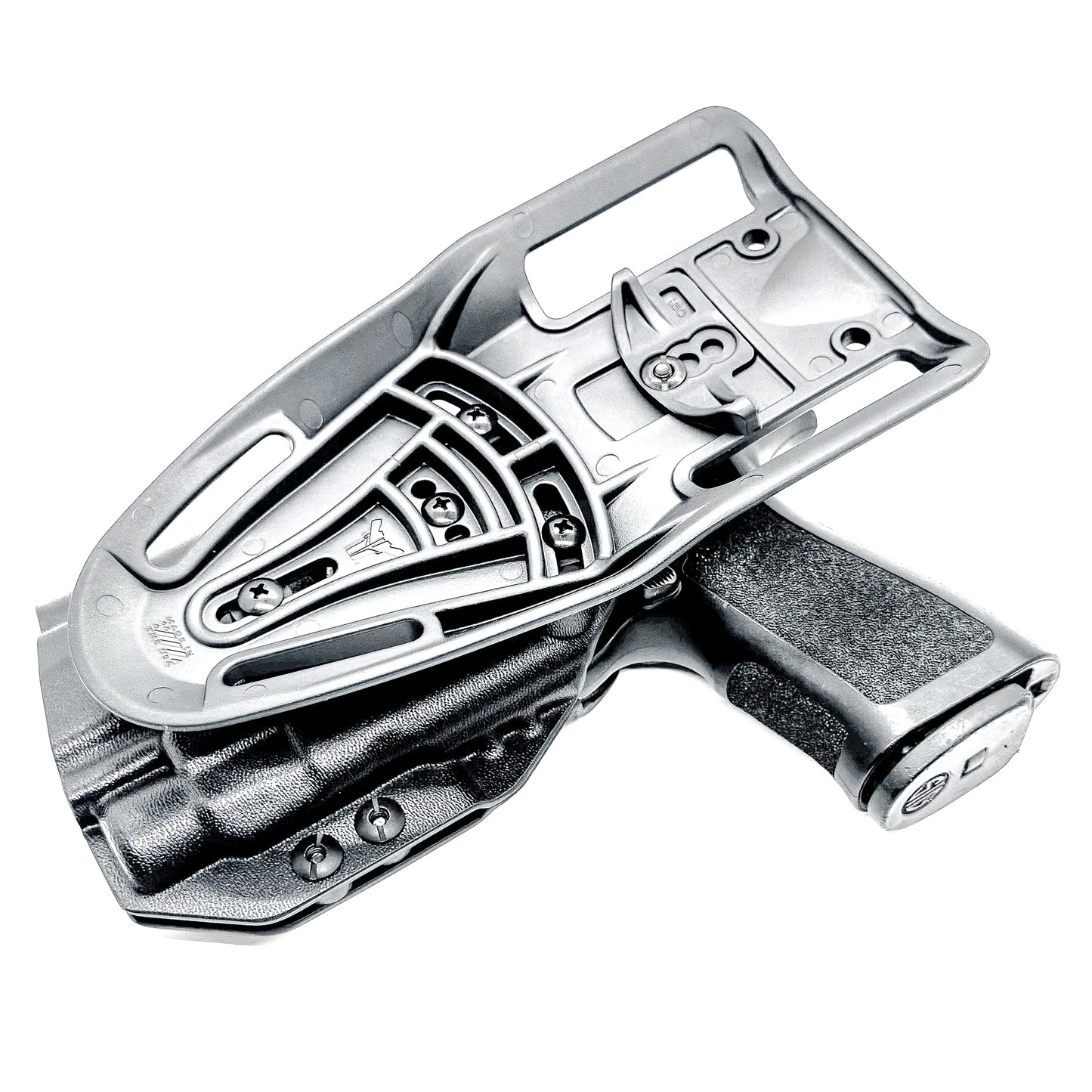 OWB Sig Sauer Compact, Carry & M18 P320 & Streamlight TLR-7 X & HL-X and Align Tactical Thumb Rest Competition Holster in black with a duty drop attachment.