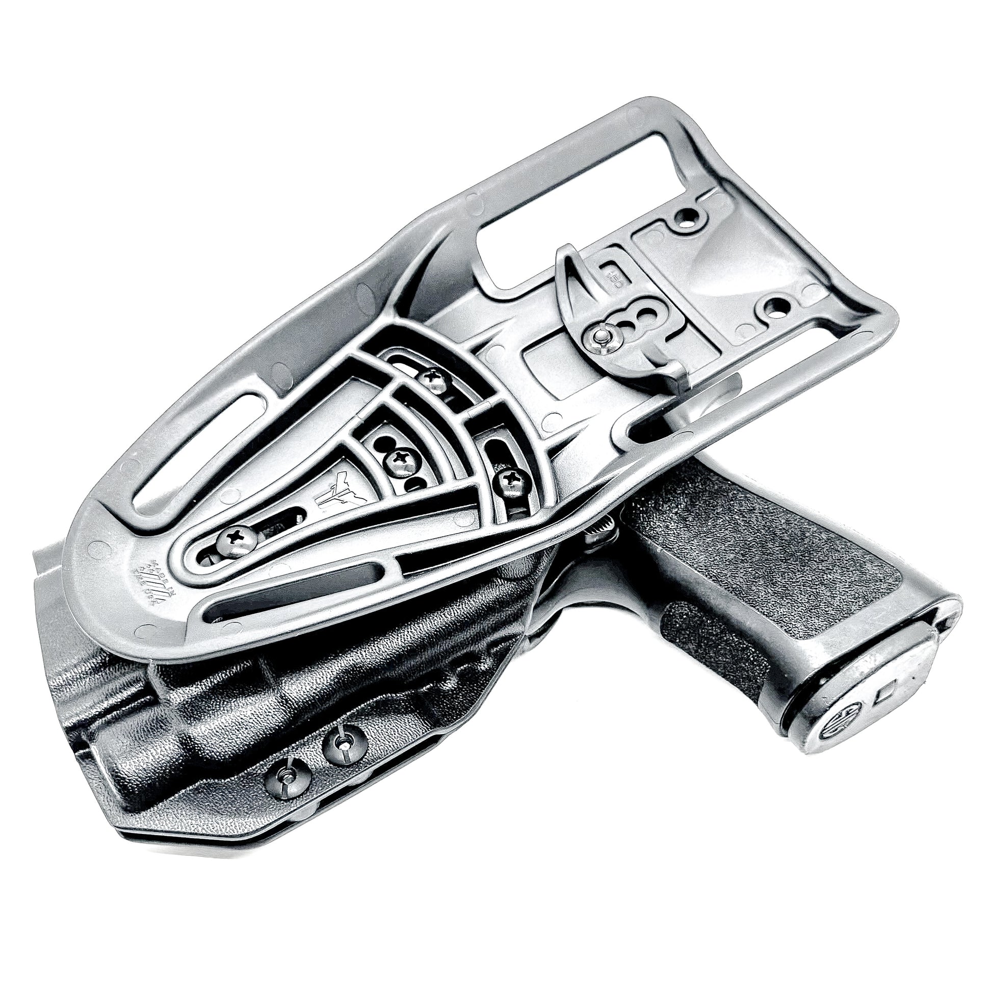 OWB Sig Sauer Compact, Carry & M18 P320 & Streamlight TLR-7 X & HL-X and Align Tactical Thumb Rest Competition Holster in black with a duty drop attachment.