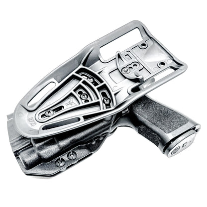 OWB Sig Sauer Compact, Carry & M18 P320 & Streamlight TLR-7 X & HL-X and Align Tactical Thumb Rest Competition Holster in black with a duty drop attachment.