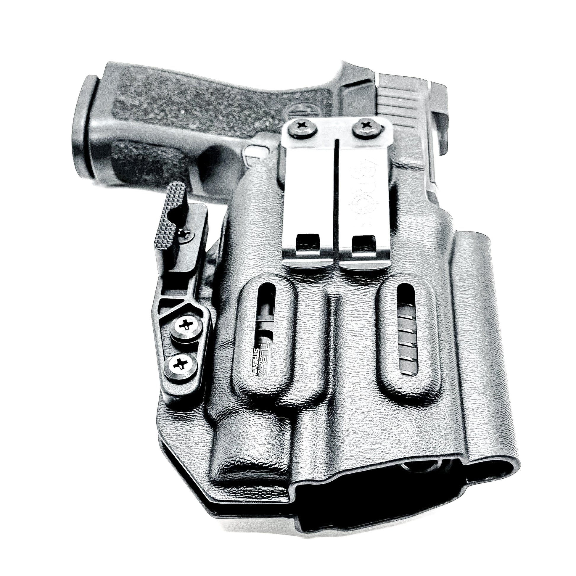 Inside Waistband Holster for Sig Sauer P320 Compact/Carry & Streamlight TLR-7 X or HL-X & Align Tactical Thumb Rest shown in black with a DCC Monoblock and a Modwing.