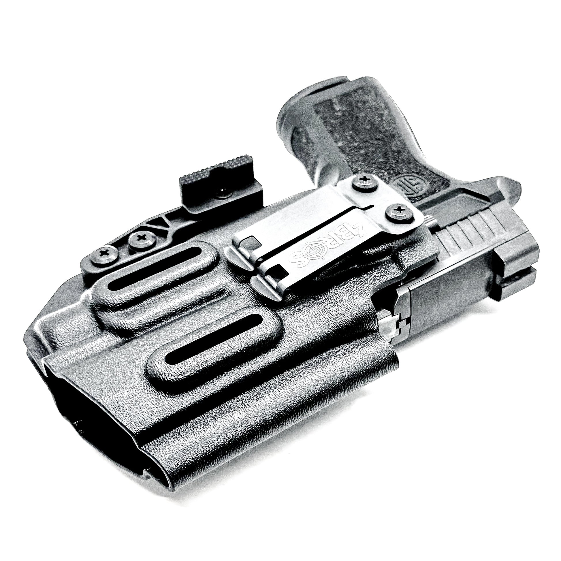 Inside Waistband Holster for Sig Sauer P320 Compact/Carry & Streamlight TLR-7 X or HL-X & Align Tactical Thumb Rest shown in black with a DCC Monoblock and a Modwing.