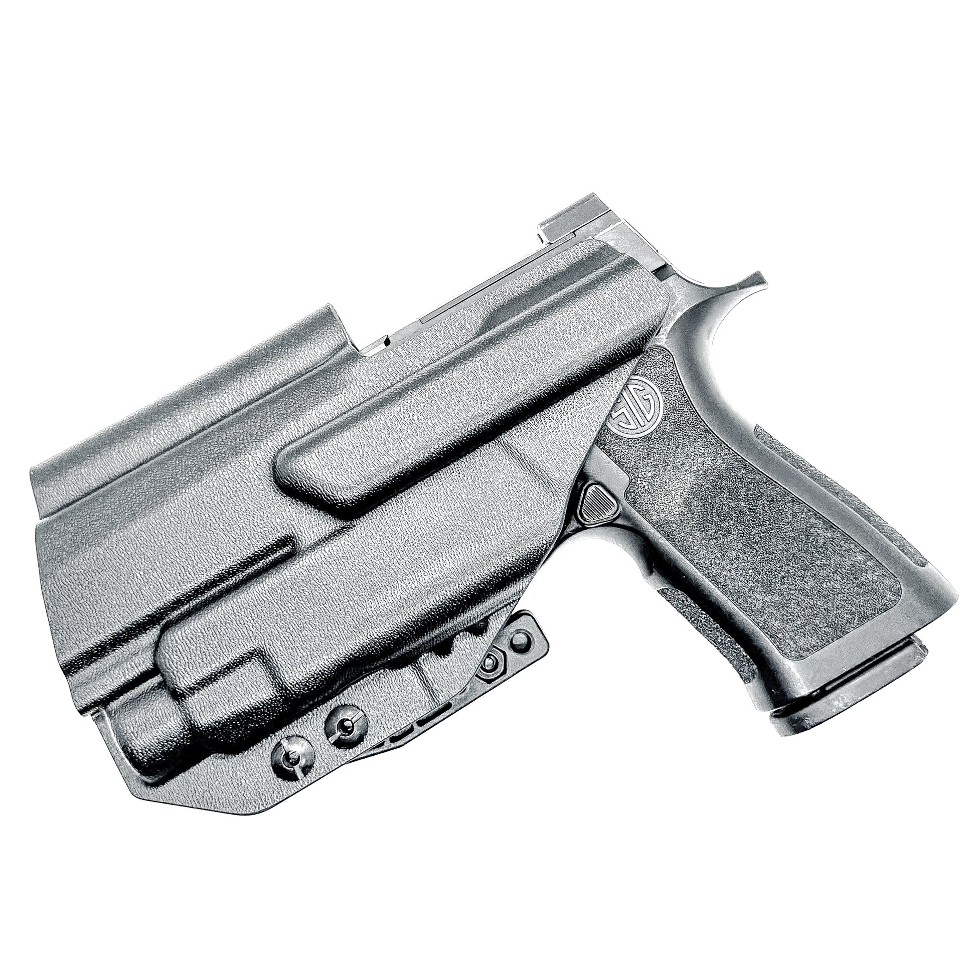 Inside Waistband Holster for Sig Sauer P320 Compact/Carry & Streamlight TLR-7 X or HL-X & Align Tactical Thumb Rest shown in black with a DCC Monoblock and a Modwing.