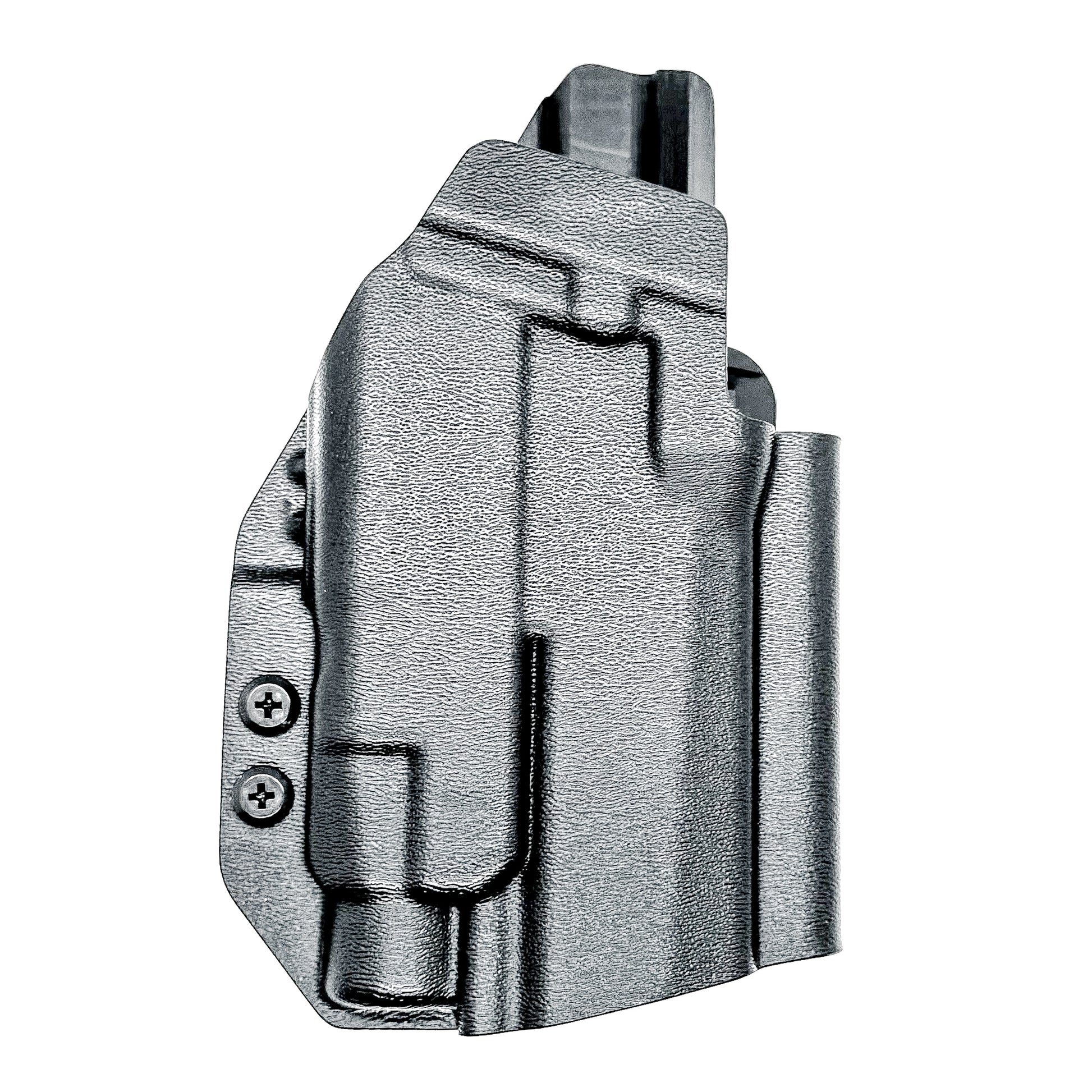 Black Outside Waistband OWB Holster for the Sig Sauer P320 Compact/Carry pistol and a Streamlight TLR-7 X or HL-X & Align Tactical Thumb Rest shown with a 4BROS 1.5" Belt Slide.