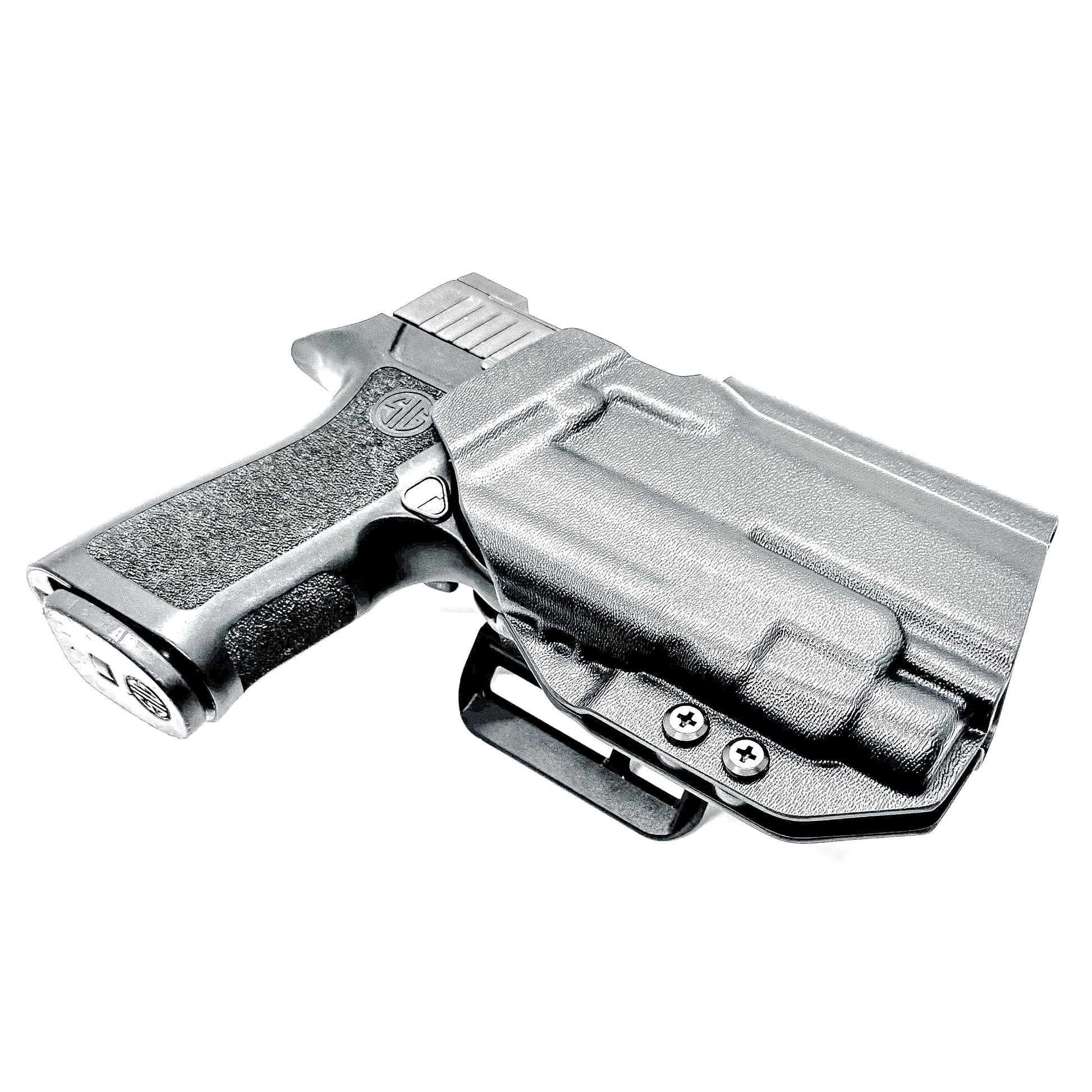 Black Outside Waistband OWB Holster for the Sig Sauer P320 Compact/Carry pistol and a Streamlight TLR-7 X or HL-X & Align Tactical Thumb Rest shown with a 4BROS 1.5" Belt Slide.